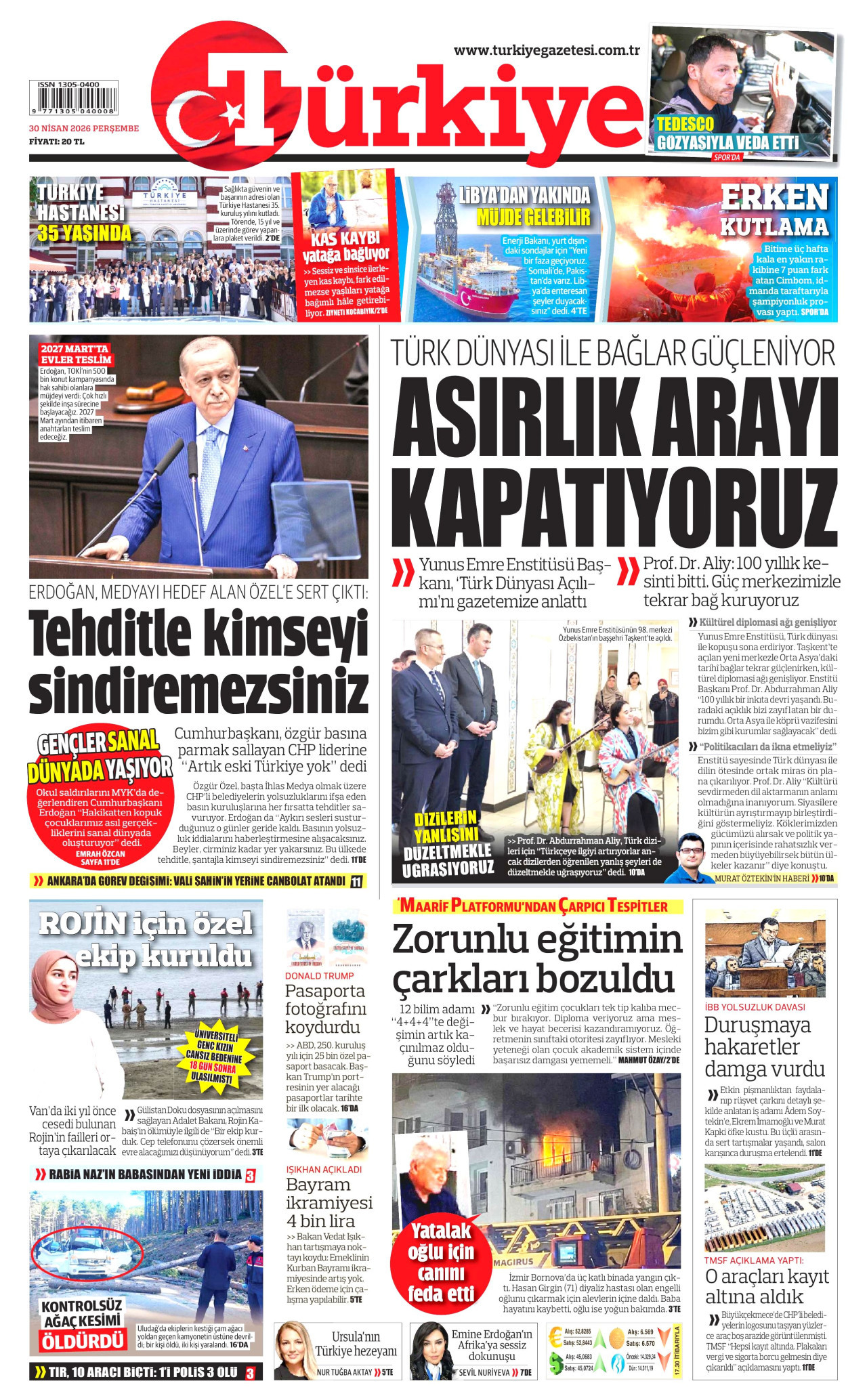 TÜRKİYE GAZETESİ gazetesinin 30 Nisan 2026 tarihli birinci sayfası