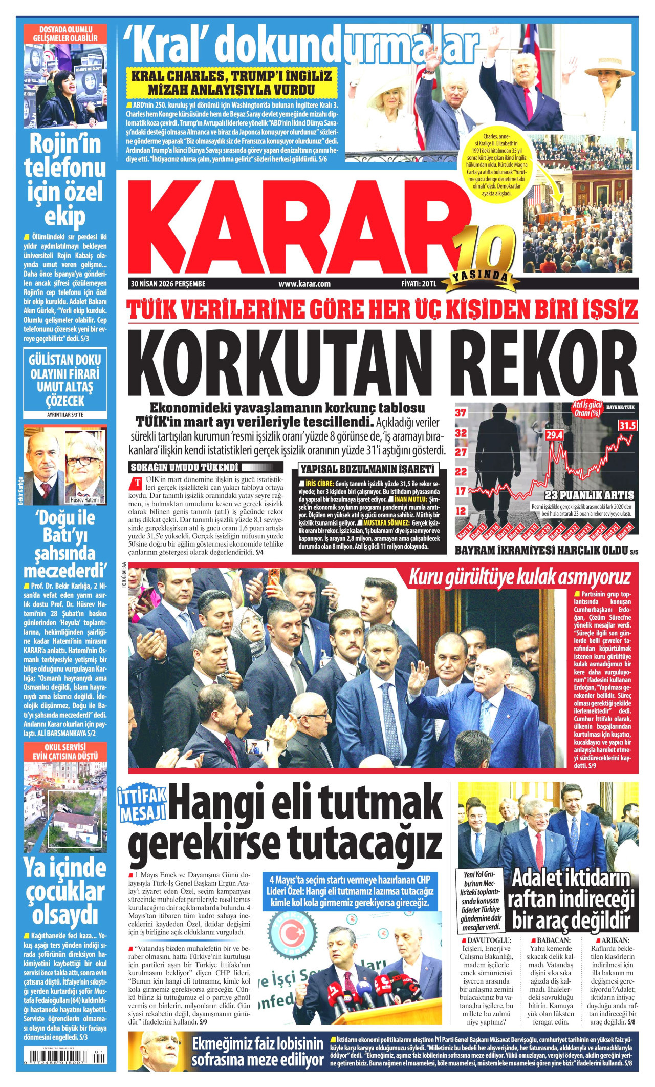 KARAR gazetesinin 30 Nisan 2026 tarihli birinci sayfası