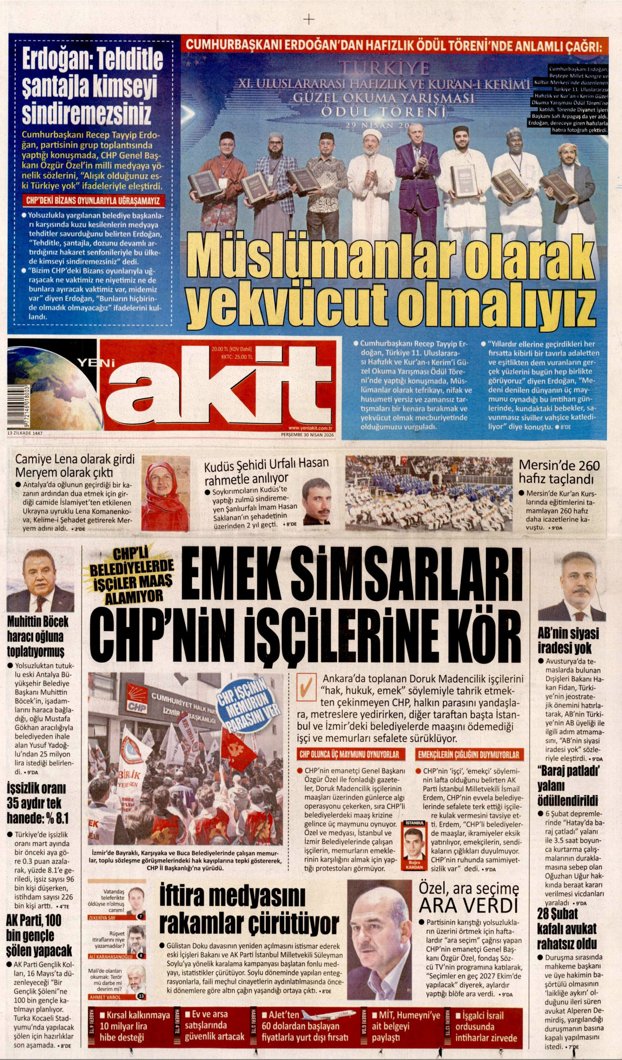 YENİ AKİT gazetesinin 30 Nisan 2026 tarihli birinci sayfası