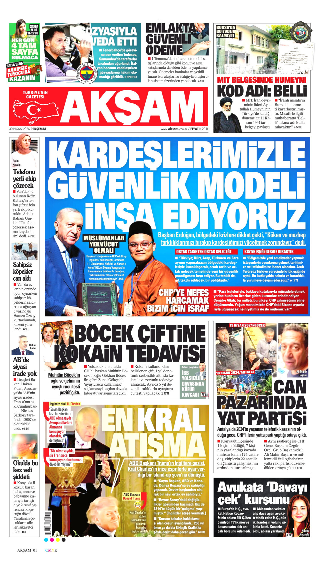 AKŞAM gazetesinin 30 Nisan 2026 tarihli birinci sayfası