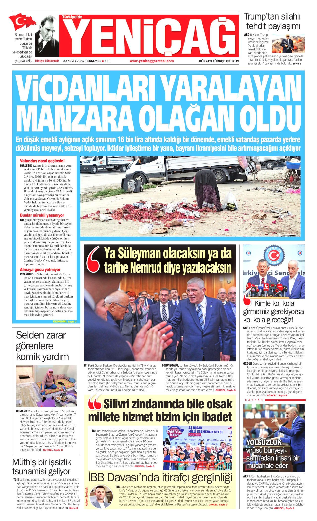 YENİÇAĞ gazetesinin 30 Nisan 2026 tarihli birinci sayfası