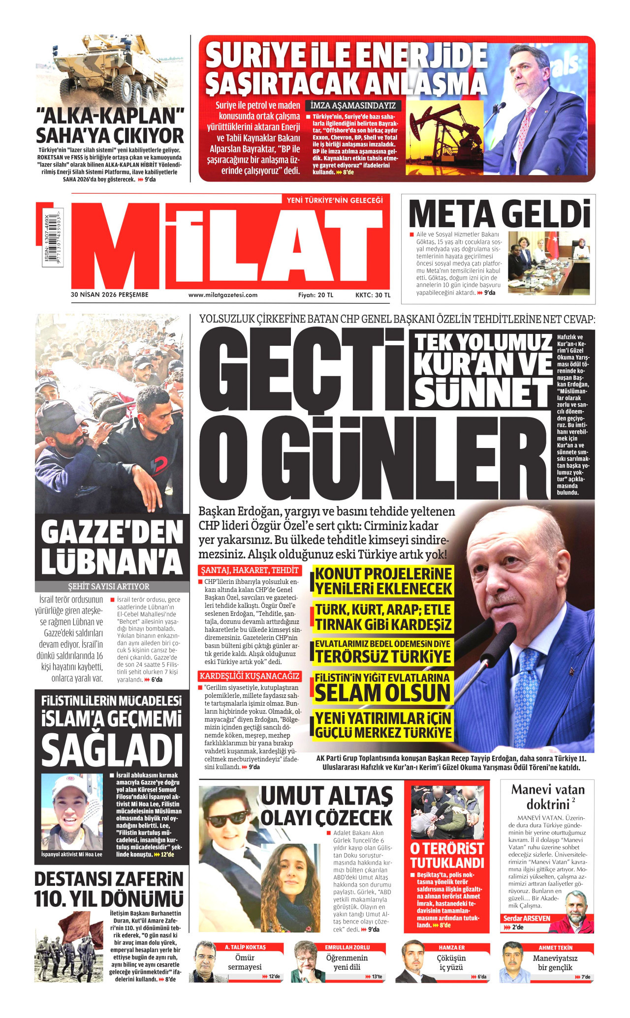 MİLAT gazetesinin 30 Nisan 2026 tarihli birinci sayfası