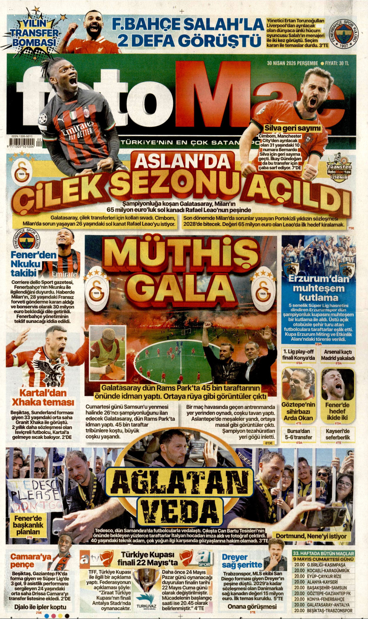 FOTOMAÇ gazetesinin 30 Nisan 2026 tarihli birinci sayfası