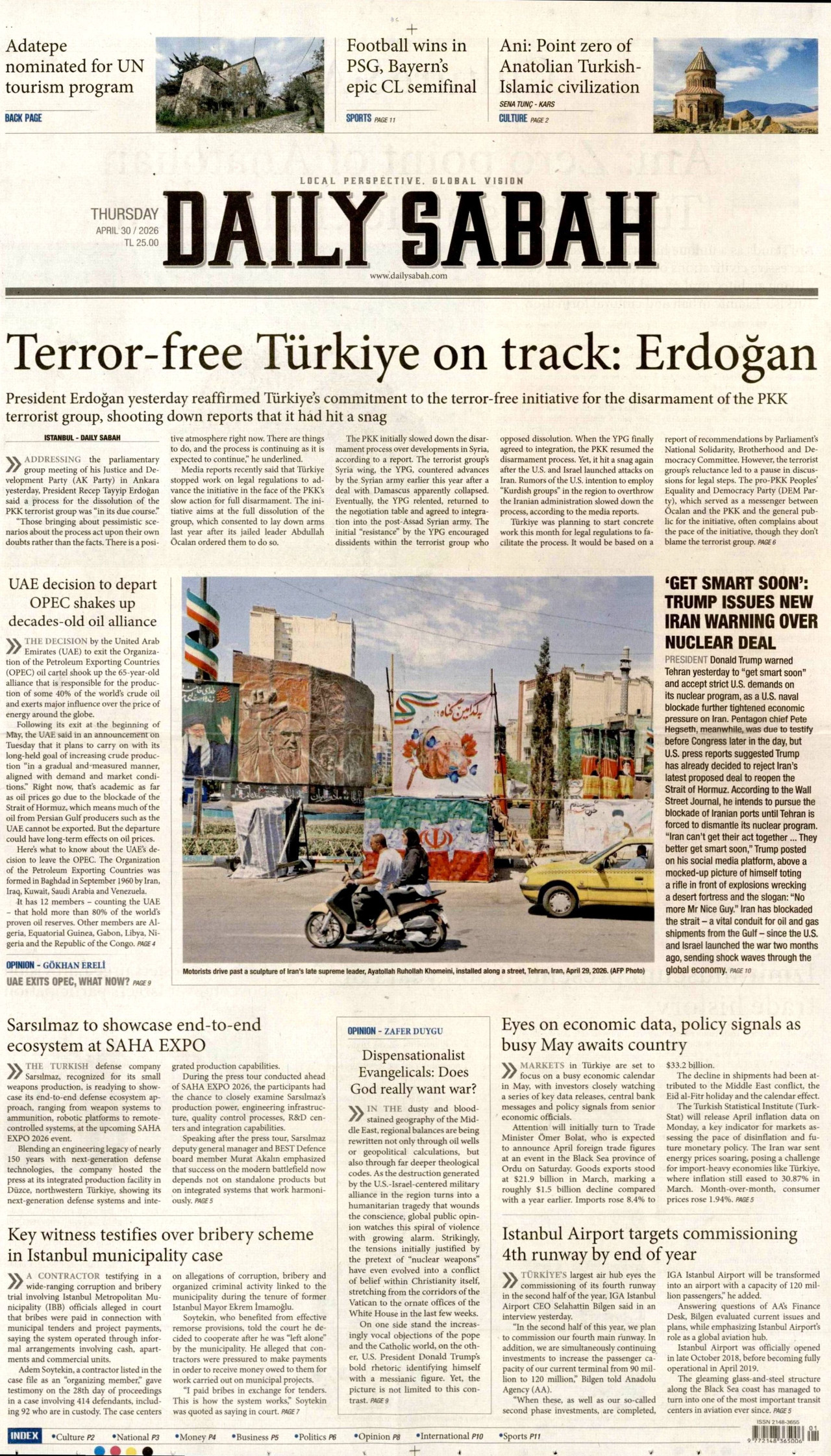 DAİLY SABAH gazetesinin 30 Nisan 2026 tarihli birinci sayfası