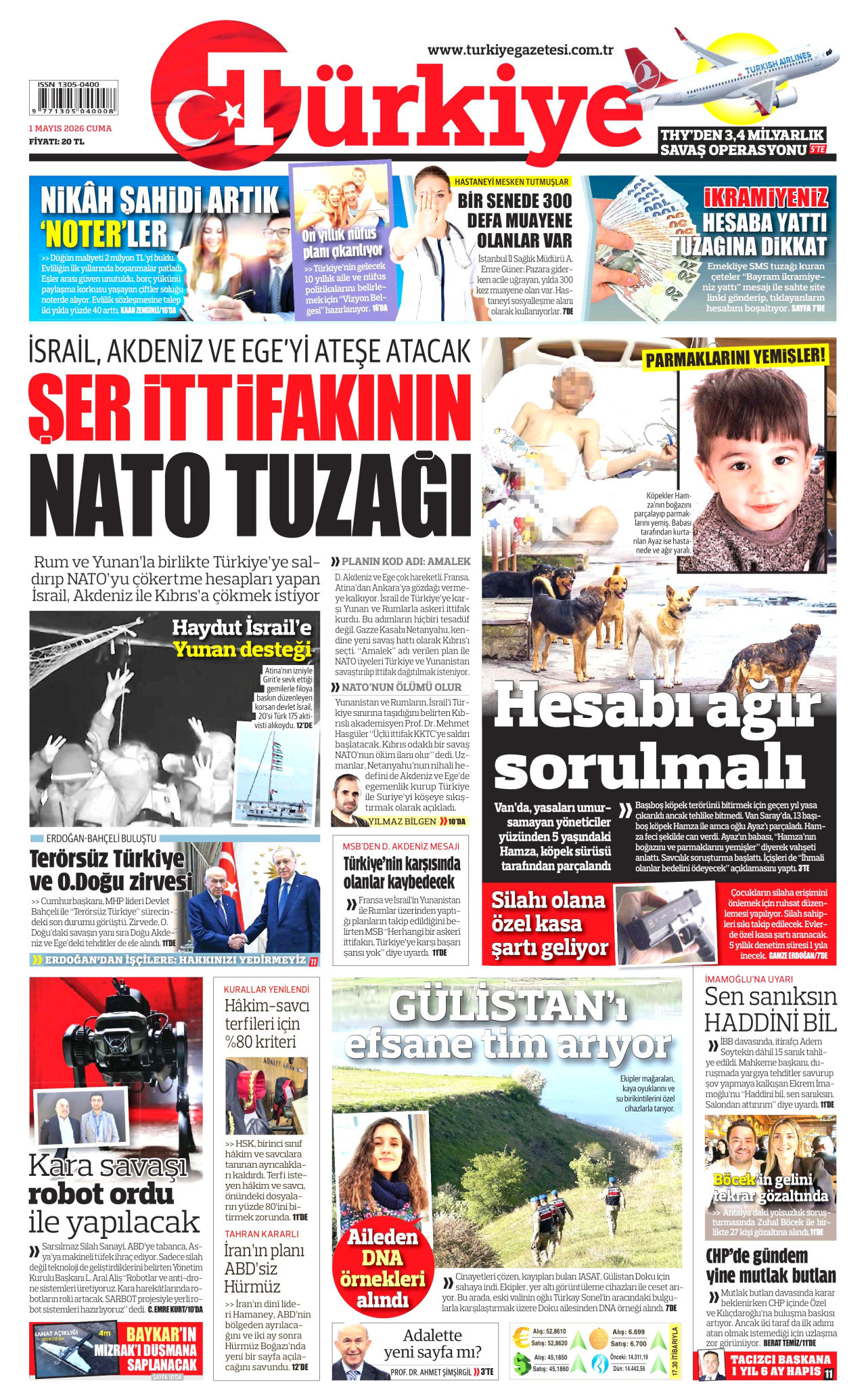 TÜRKİYE GAZETESİ gazetesinin 1 Mayıs 2026 tarihli birinci sayfası