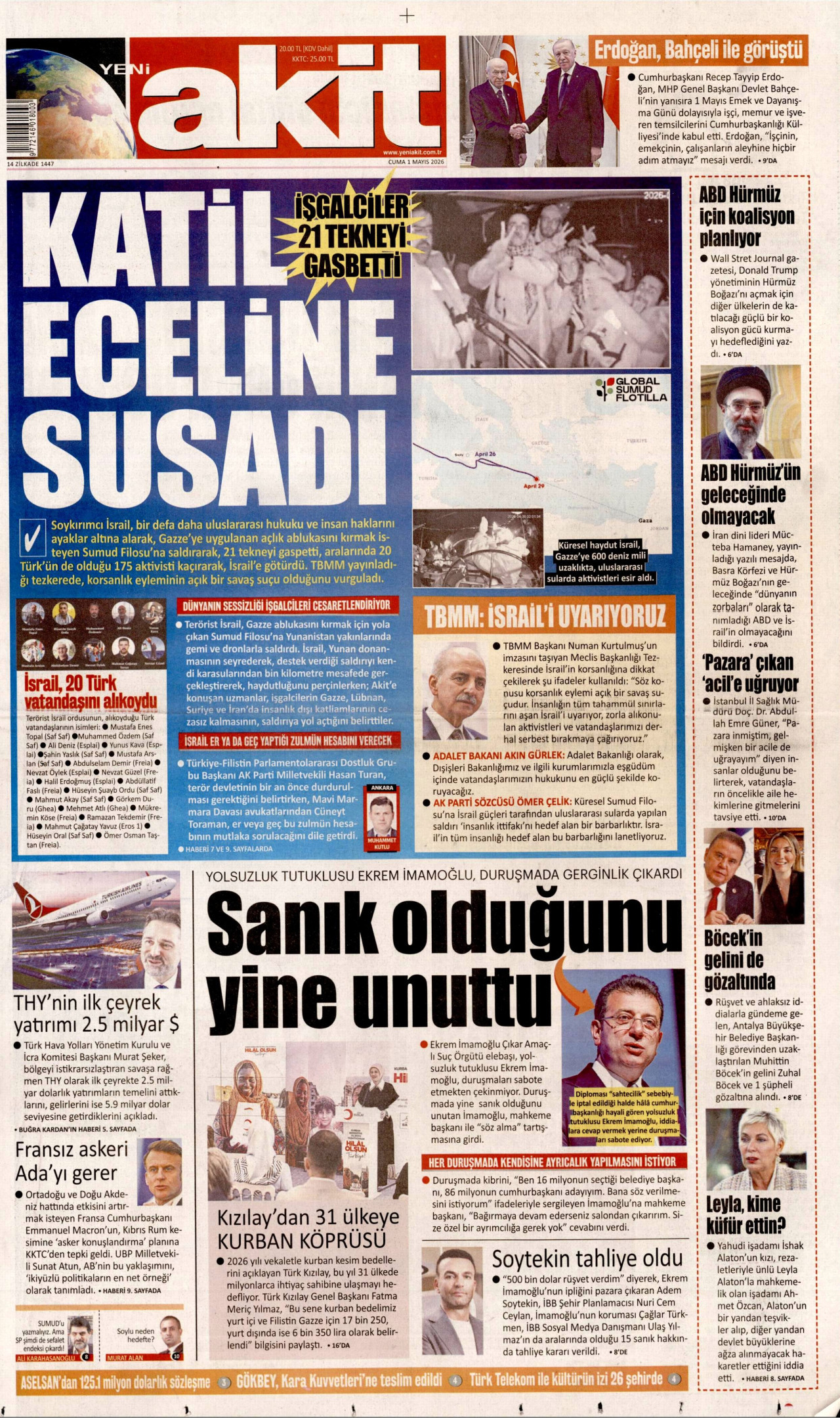 YENİ AKİT gazetesinin 1 Mayıs 2026 tarihli birinci sayfası