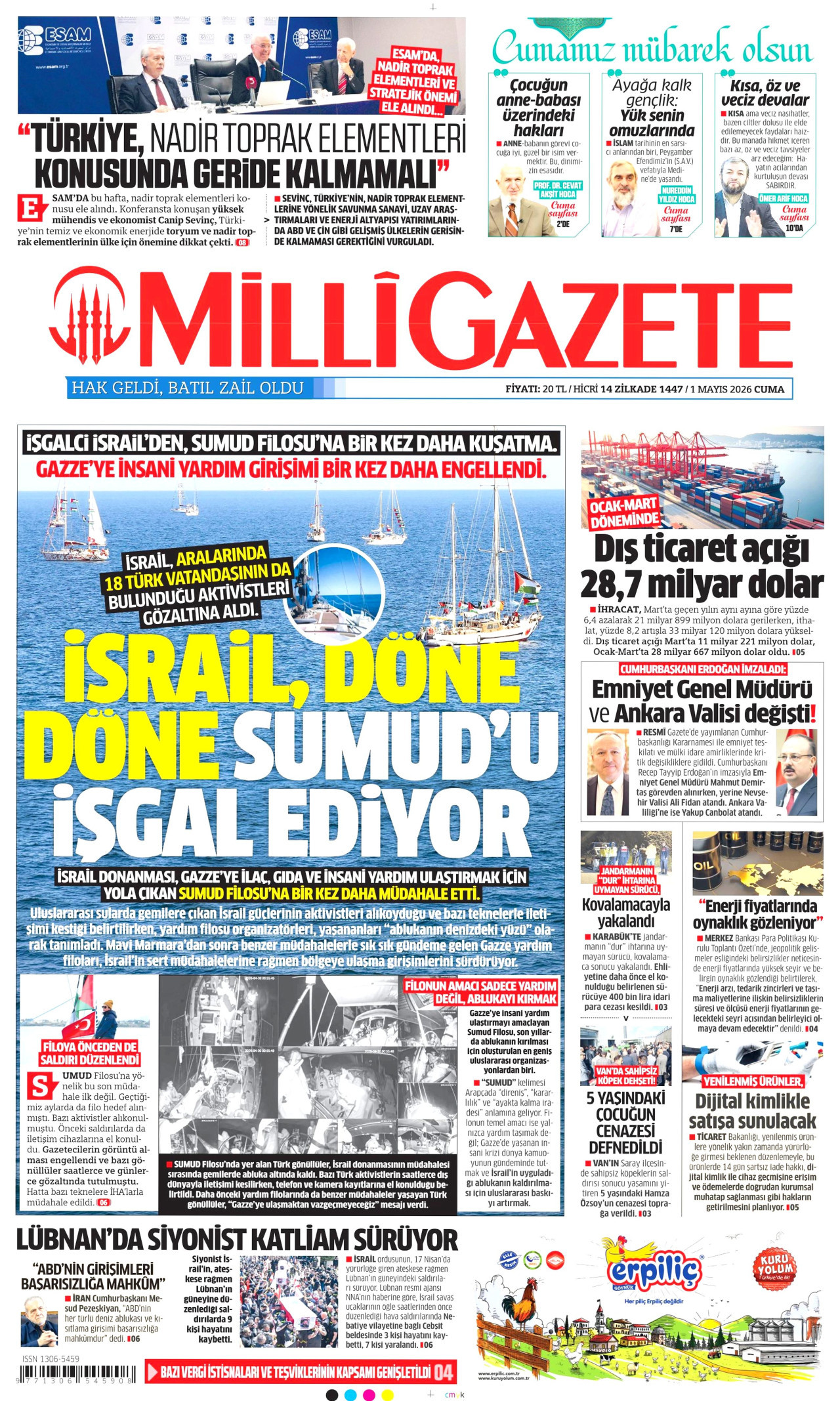 MİLLİ GAZETE gazetesinin 1 Mayıs 2026 tarihli birinci sayfası