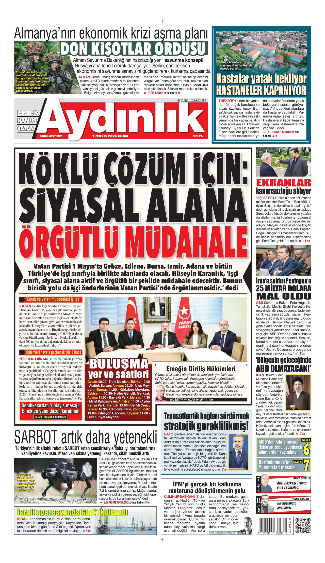 AYDINLIK GAZETESİ gazetesinin 1 Mayıs 2026 tarihli birinci sayfası