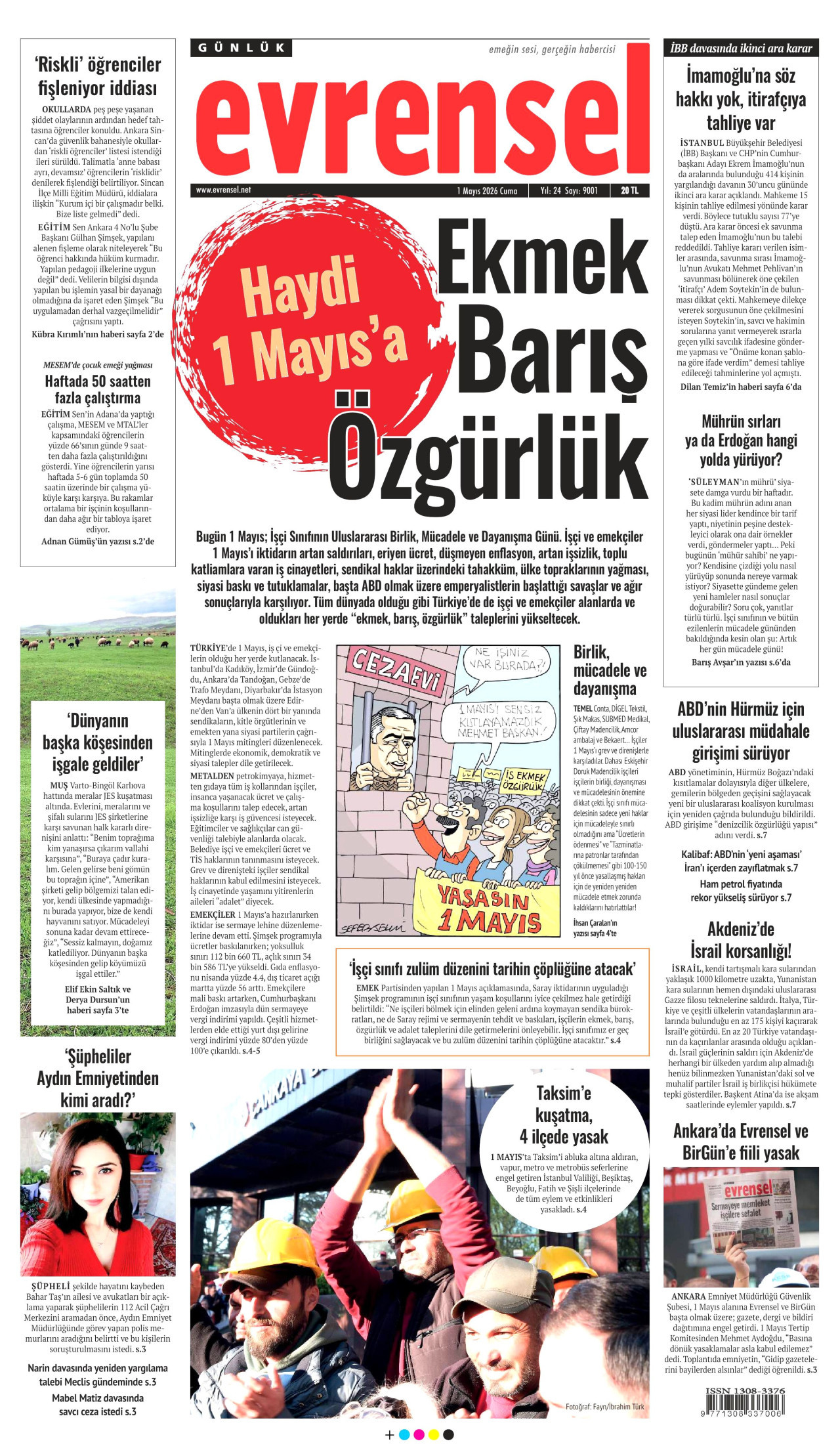 EVRENSEL gazetesinin 1 Mayıs 2026 tarihli birinci sayfası