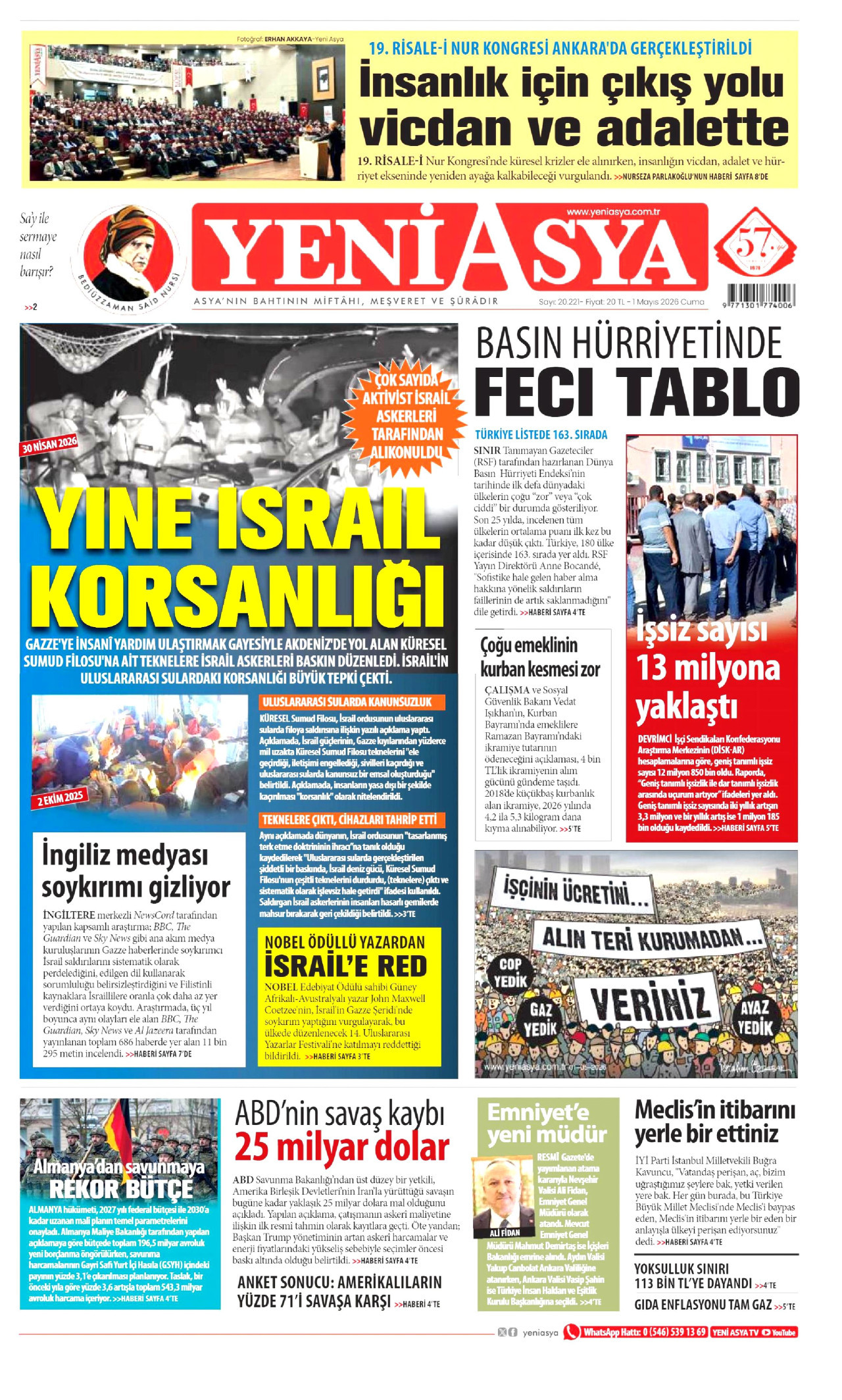 YENİ ASYA gazetesinin 1 Mayıs 2026 tarihli birinci sayfası