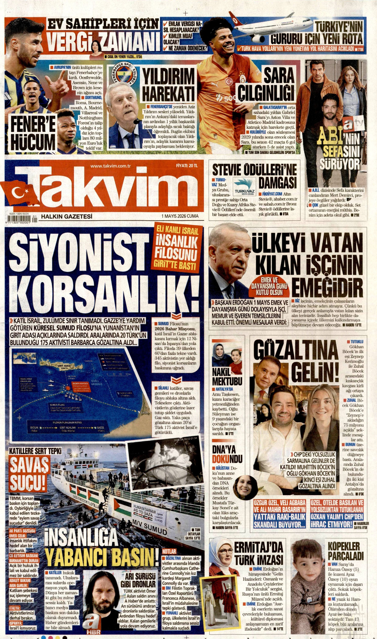 TAKVİM gazetesinin 1 Mayıs 2026 tarihli birinci sayfası