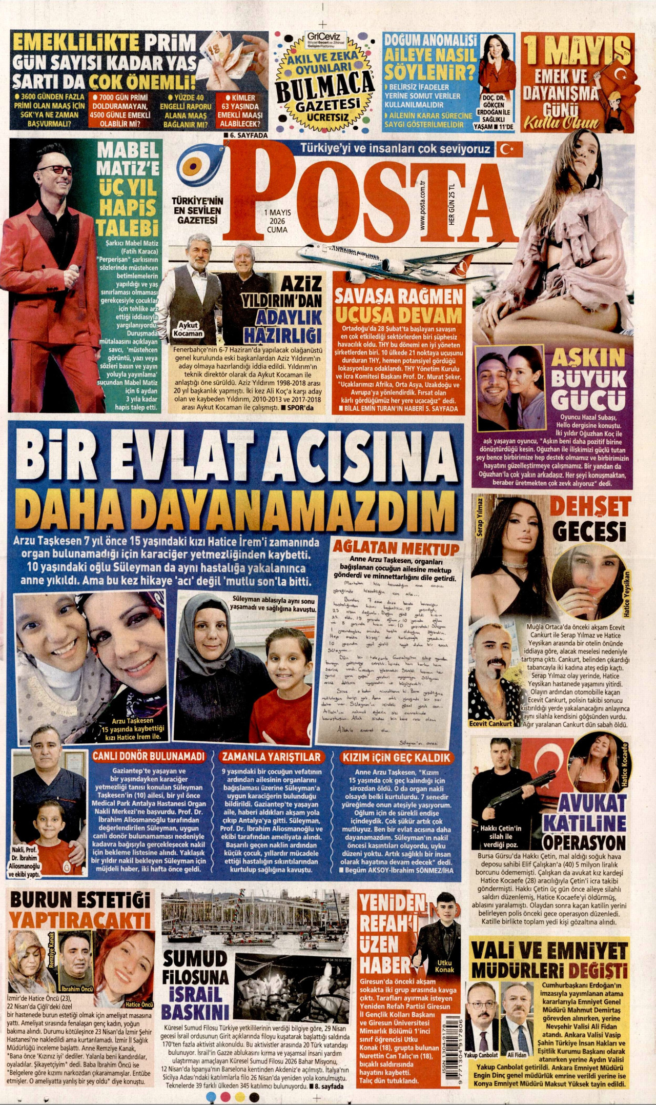 POSTA gazetesinin 1 Mayıs 2026 tarihli birinci sayfası
