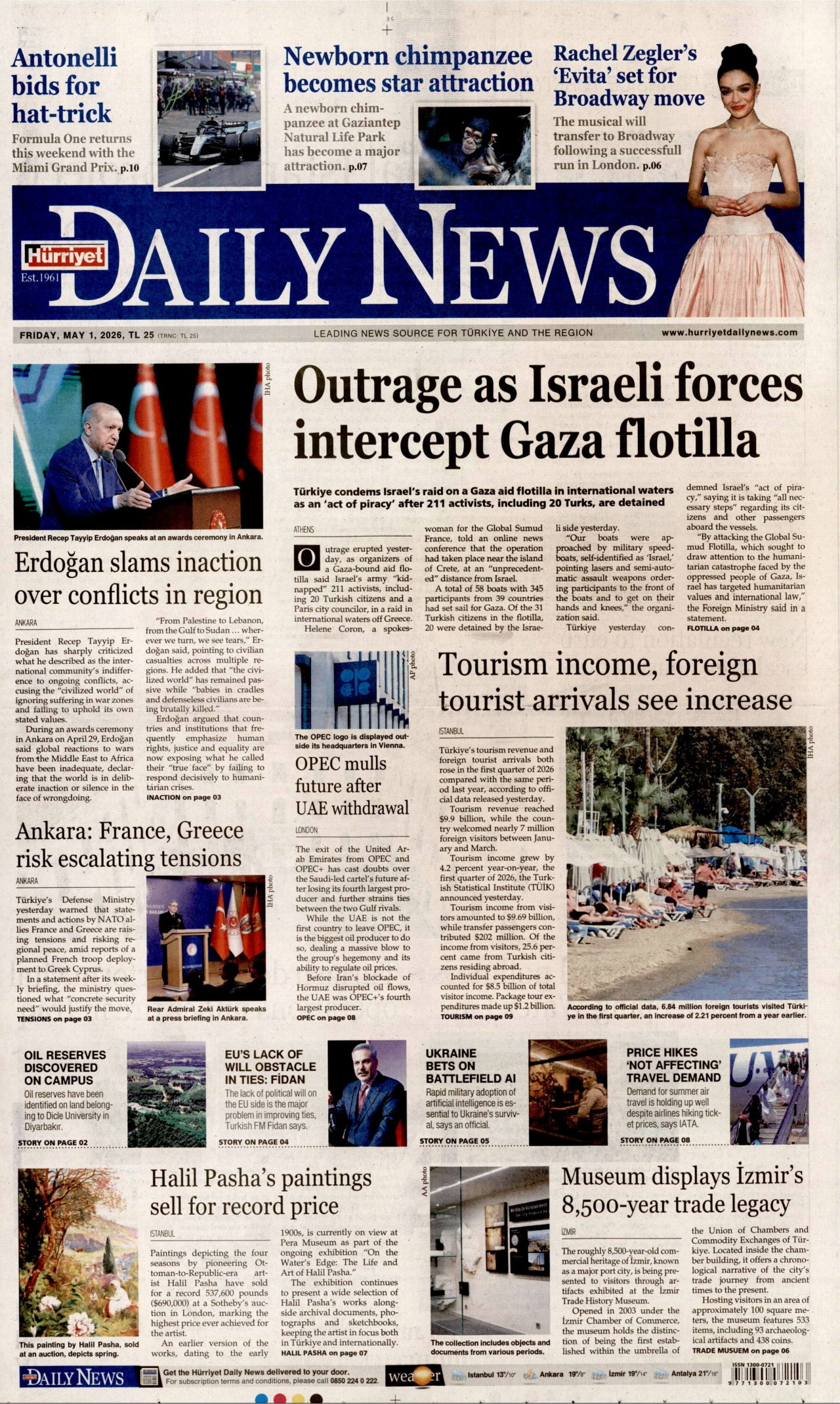 HÜRRİYET DAİLY NEWS gazetesinin 1 Mayıs 2026 tarihli birinci sayfası