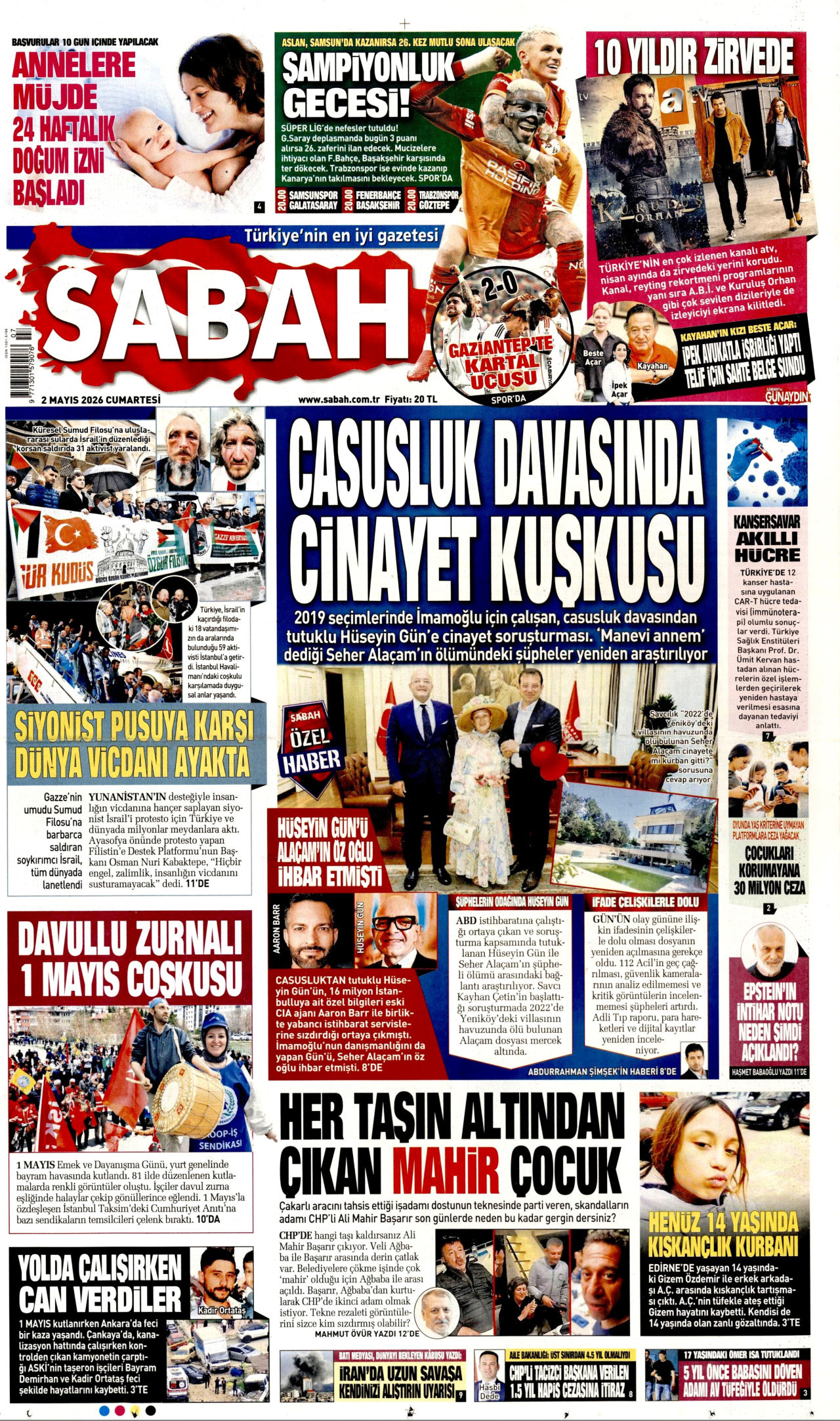 SABAH gazetesinin 2 Mayıs 2026 tarihli birinci sayfası