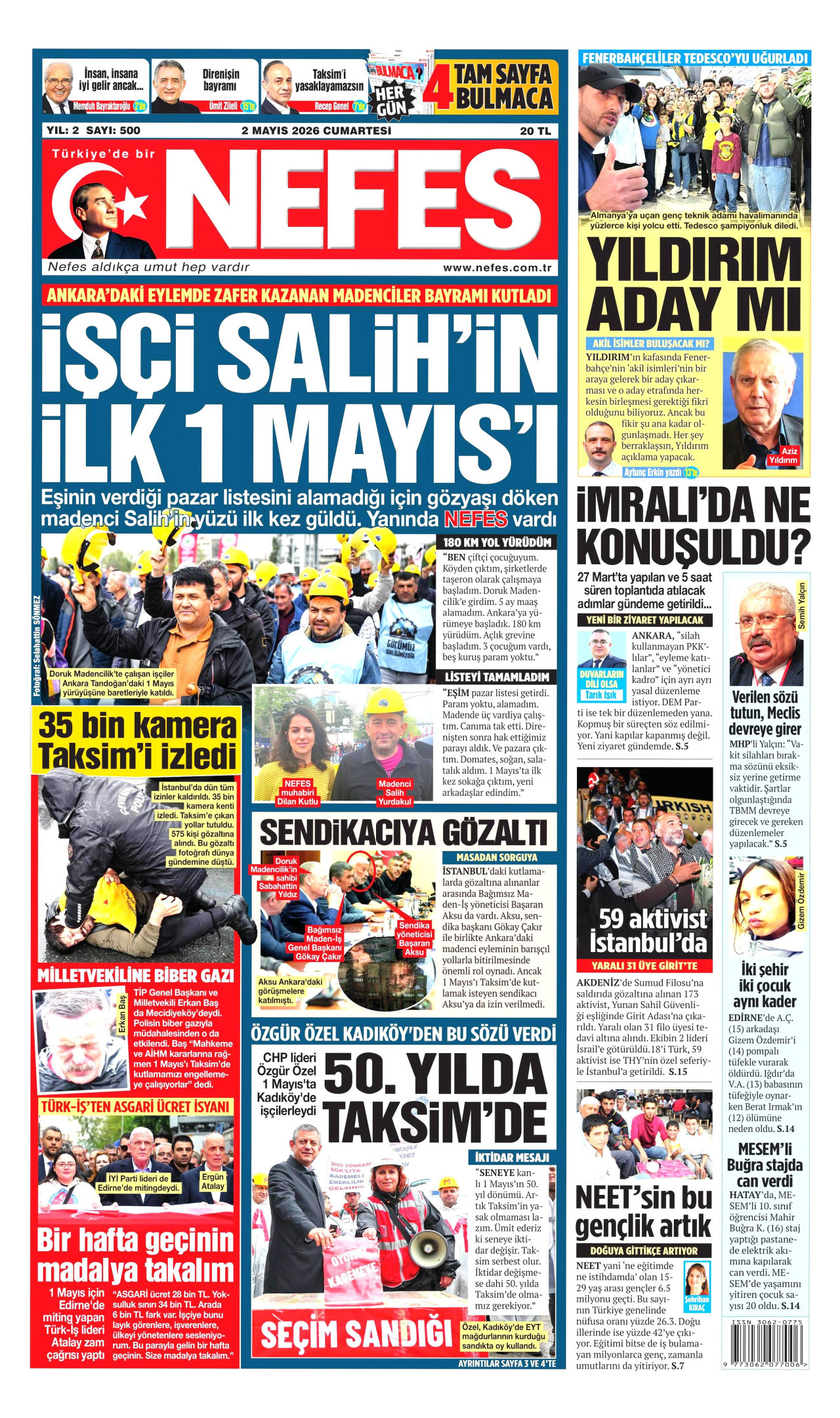 NEFES gazetesinin 2 Mayıs 2026 tarihli birinci sayfası