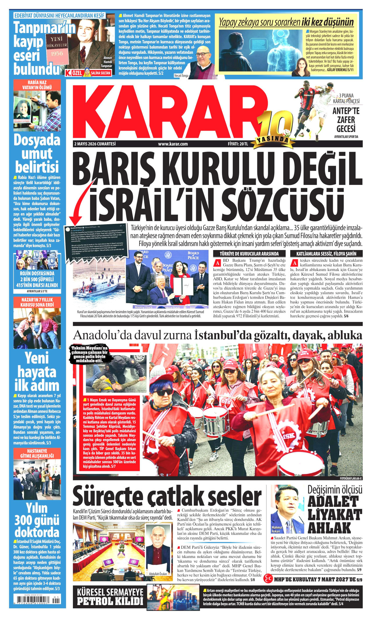 KARAR gazetesinin 2 Mayıs 2026 tarihli birinci sayfası