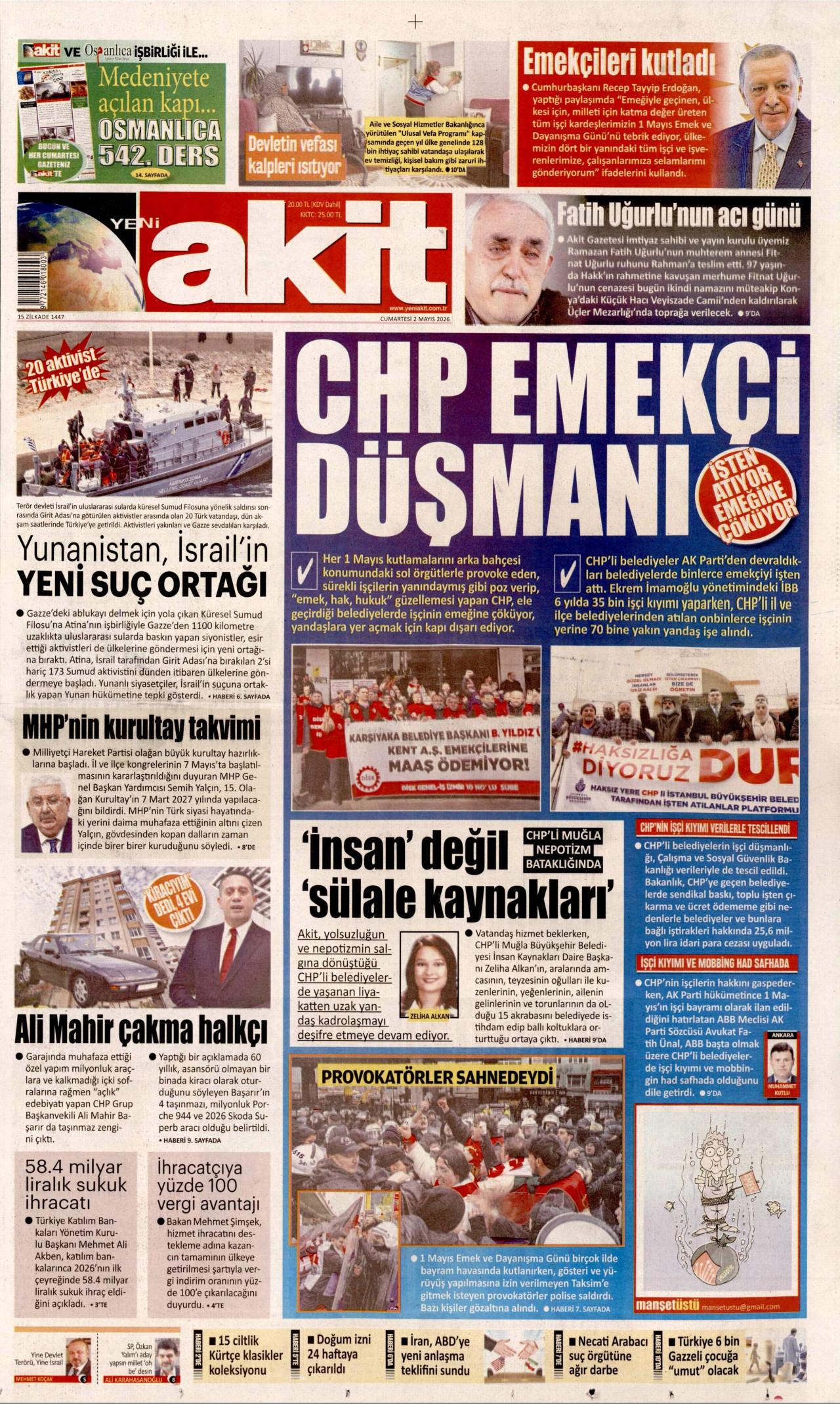 YENİ AKİT gazetesinin 2 Mayıs 2026 tarihli birinci sayfası