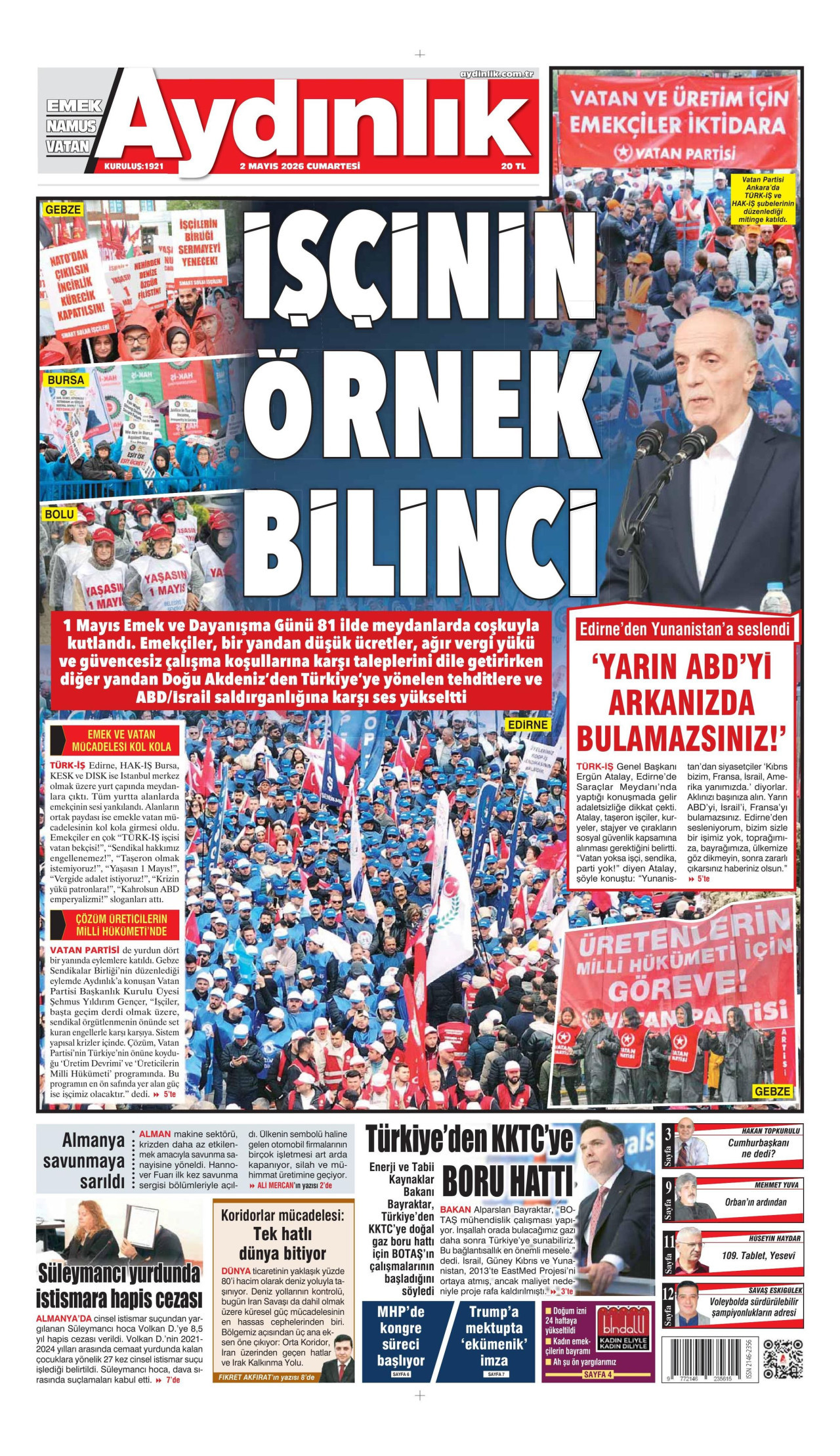 AYDINLIK GAZETESİ gazetesinin 2 Mayıs 2026 tarihli birinci sayfası