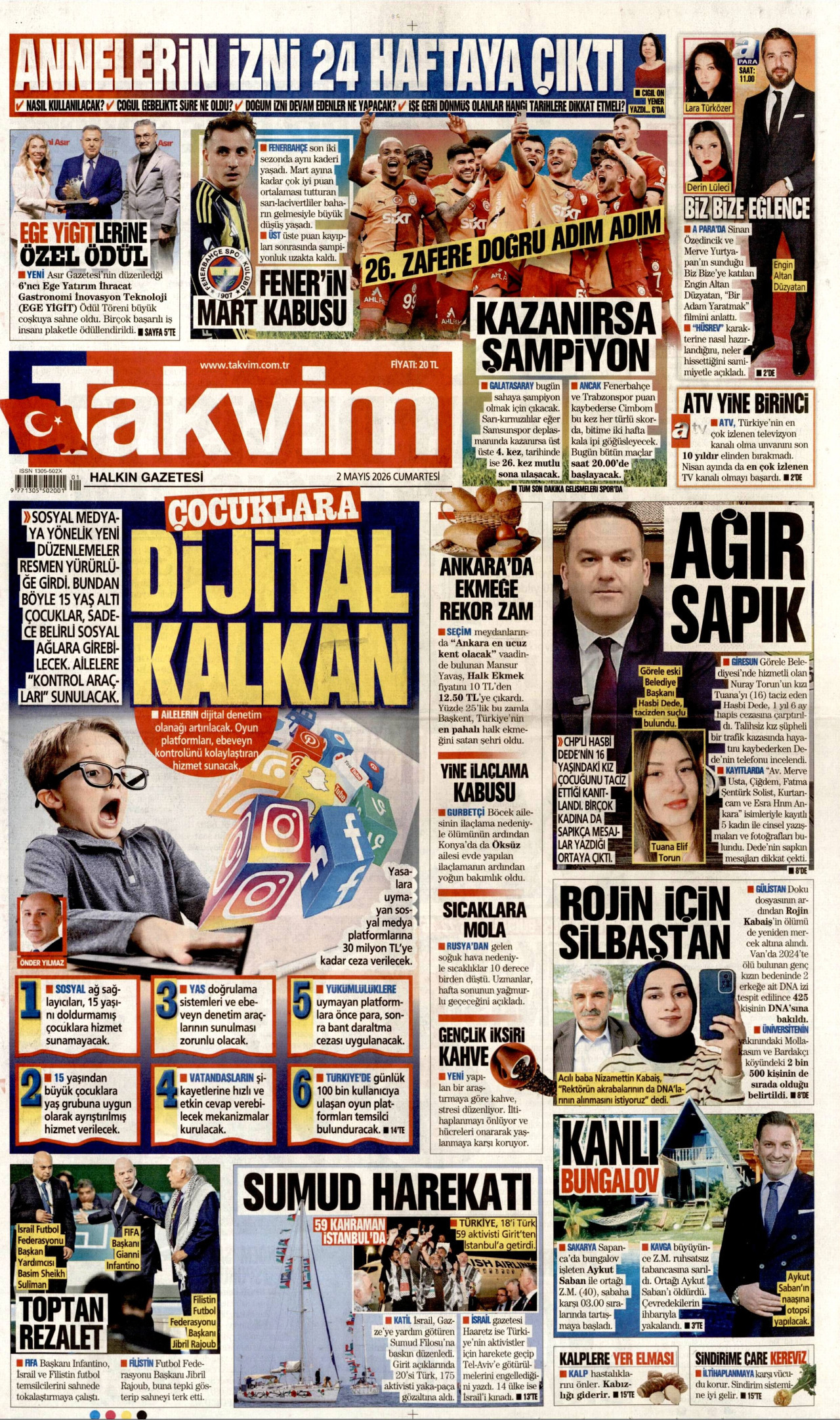 TAKVİM gazetesinin 2 Mayıs 2026 tarihli birinci sayfası