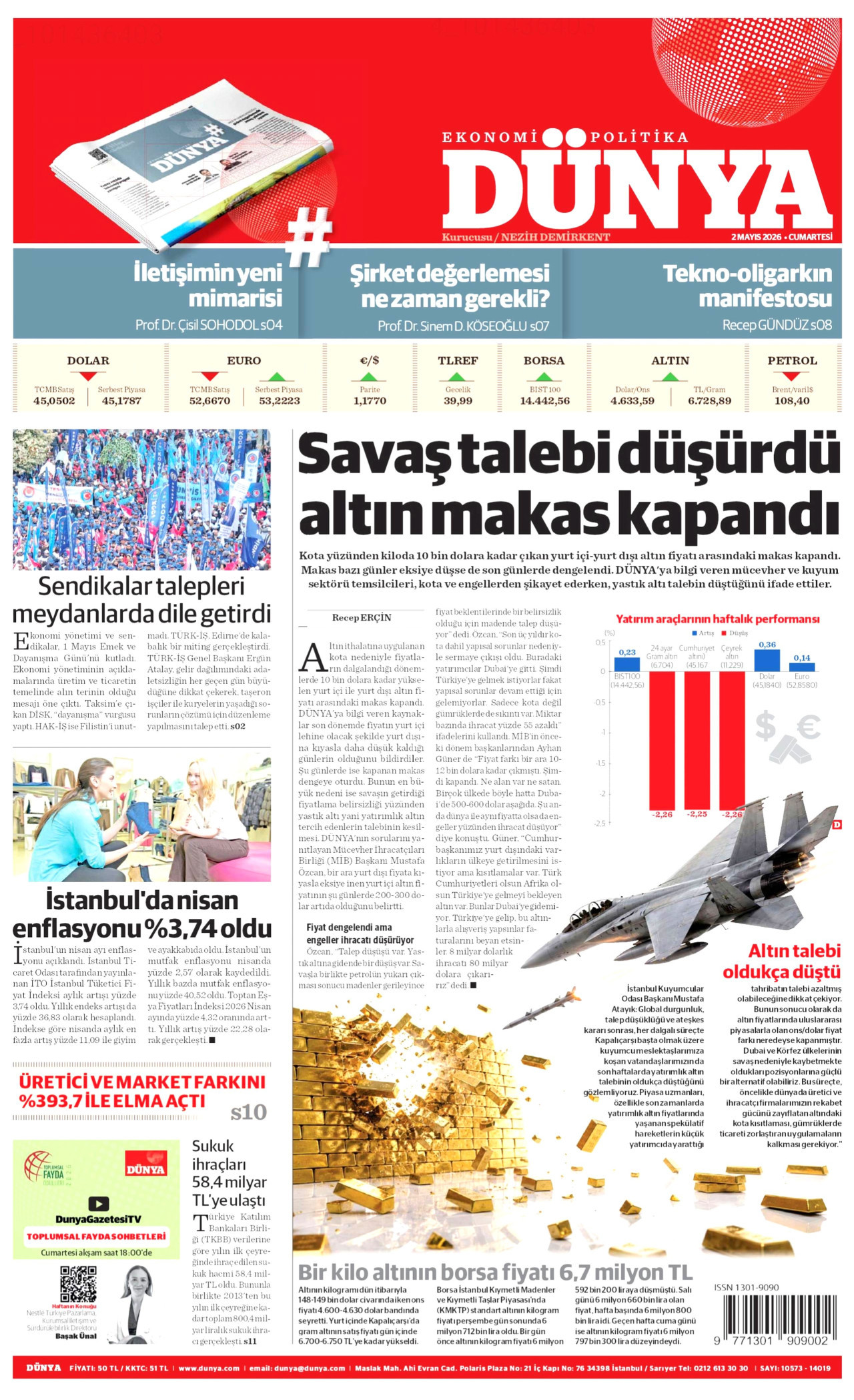 DÜNYA gazetesinin 2 Mayıs 2026 tarihli birinci sayfası