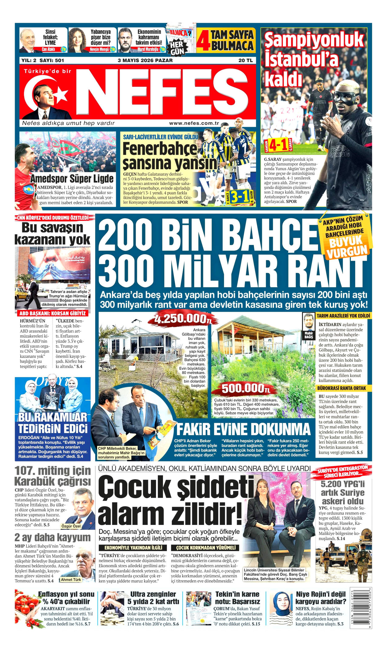 NEFES gazetesinin 3 Mayıs 2026 tarihli birinci sayfası