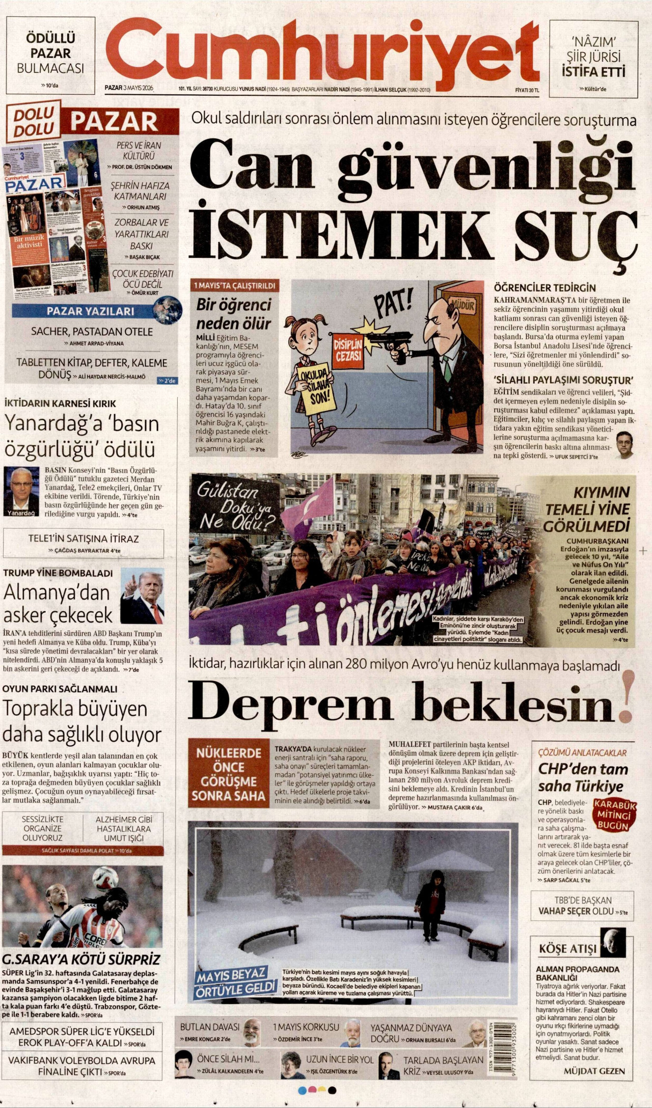 CUMHURİYET gazetesinin 3 Mayıs 2026 tarihli birinci sayfası