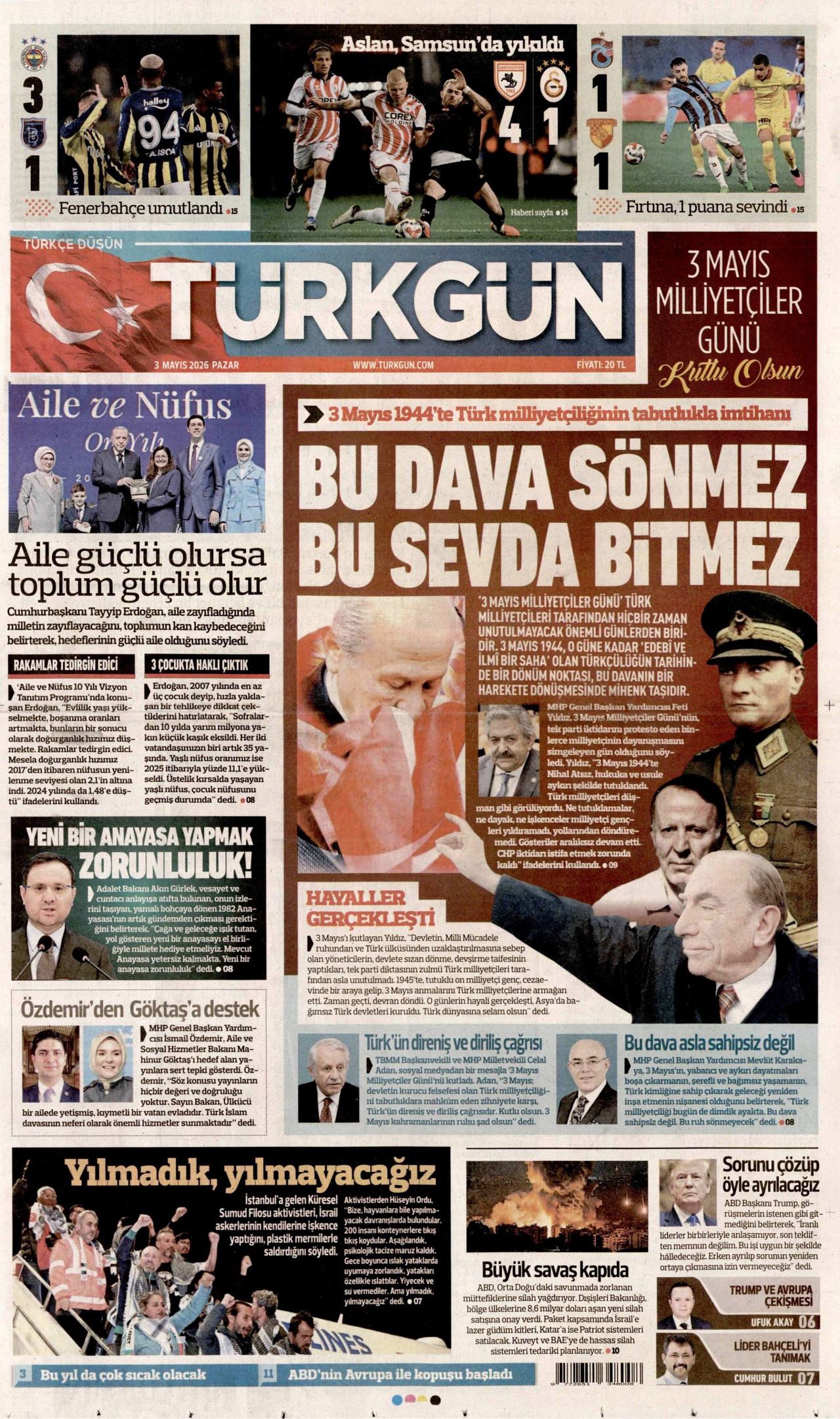 TÜRKGÜN gazetesinin 3 Mayıs 2026 tarihli birinci sayfası