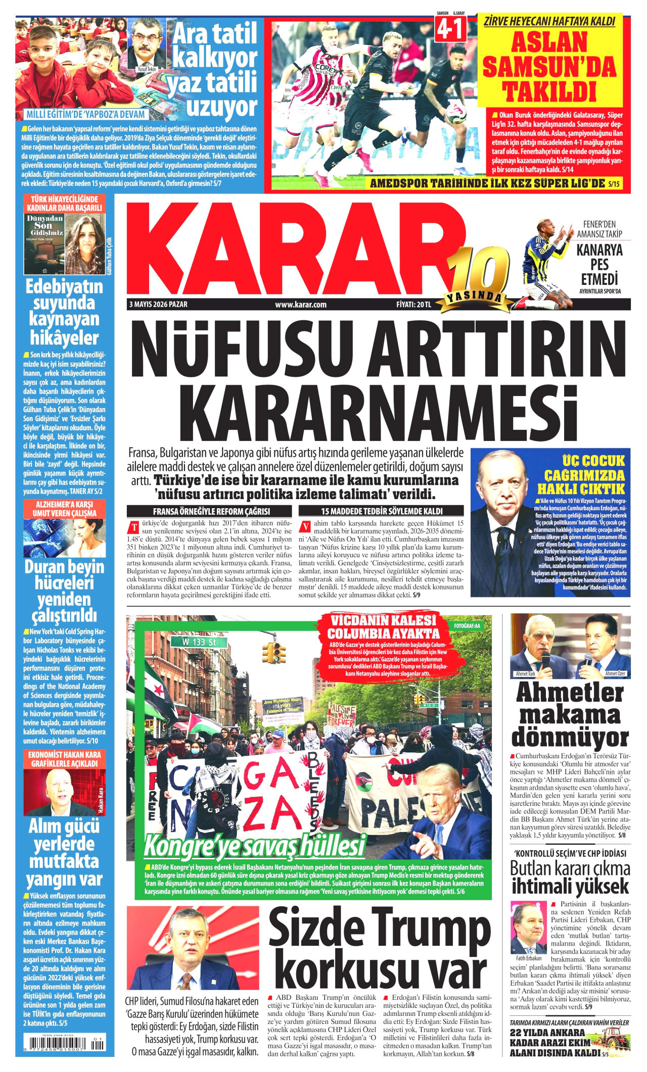 KARAR gazetesinin 3 Mayıs 2026 tarihli birinci sayfası