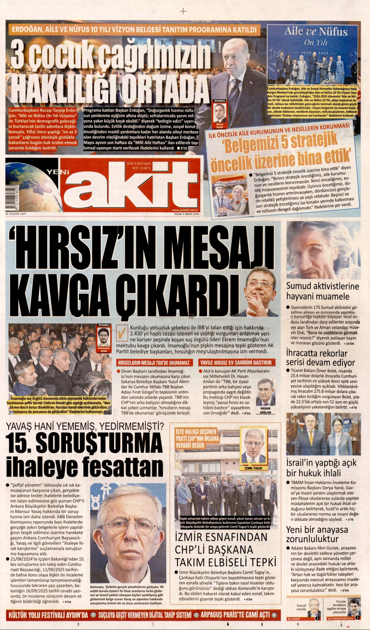 YENİ AKİT gazetesinin 3 Mayıs 2026 tarihli birinci sayfası