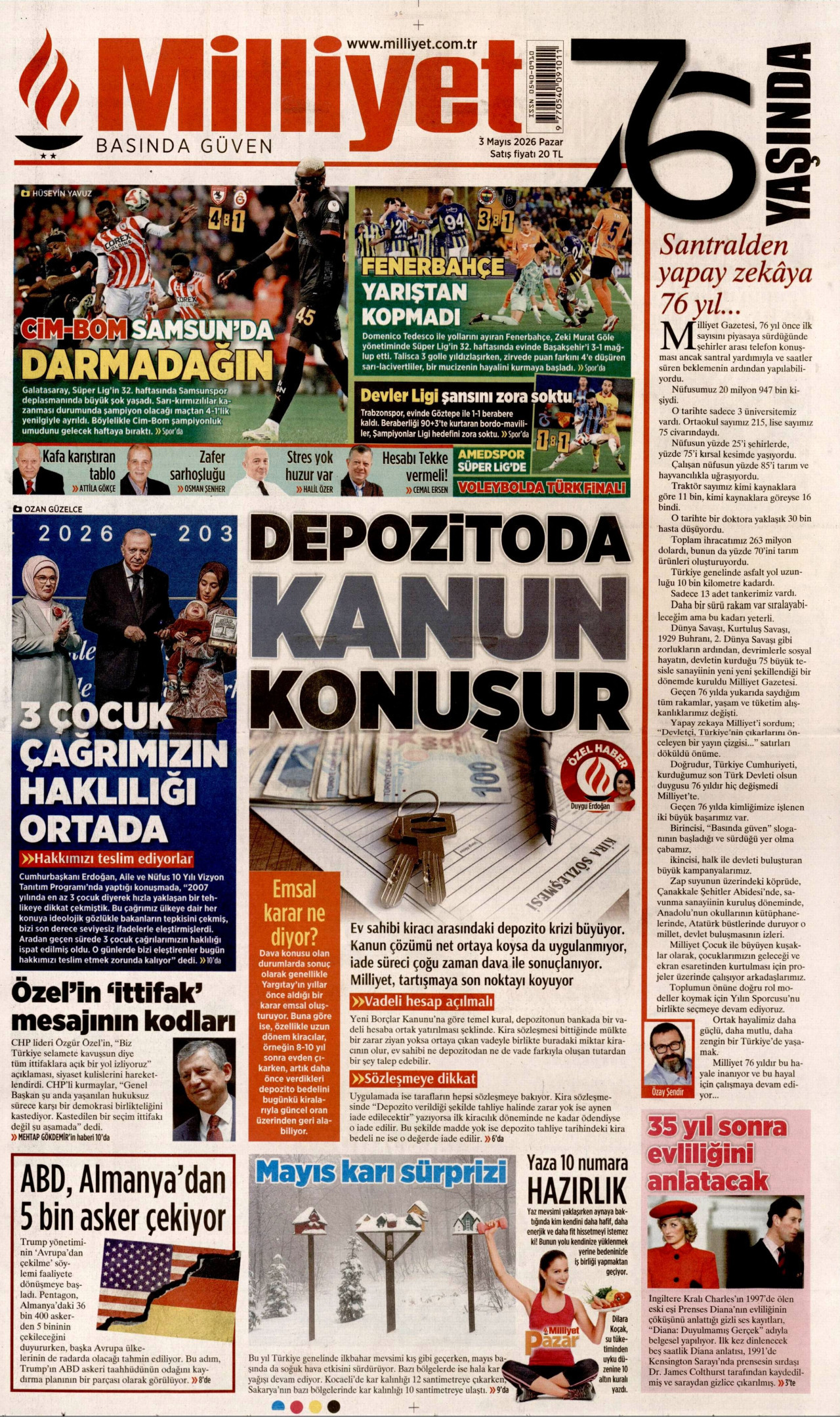 MİLLİYET gazetesinin 3 Mayıs 2026 tarihli birinci sayfası