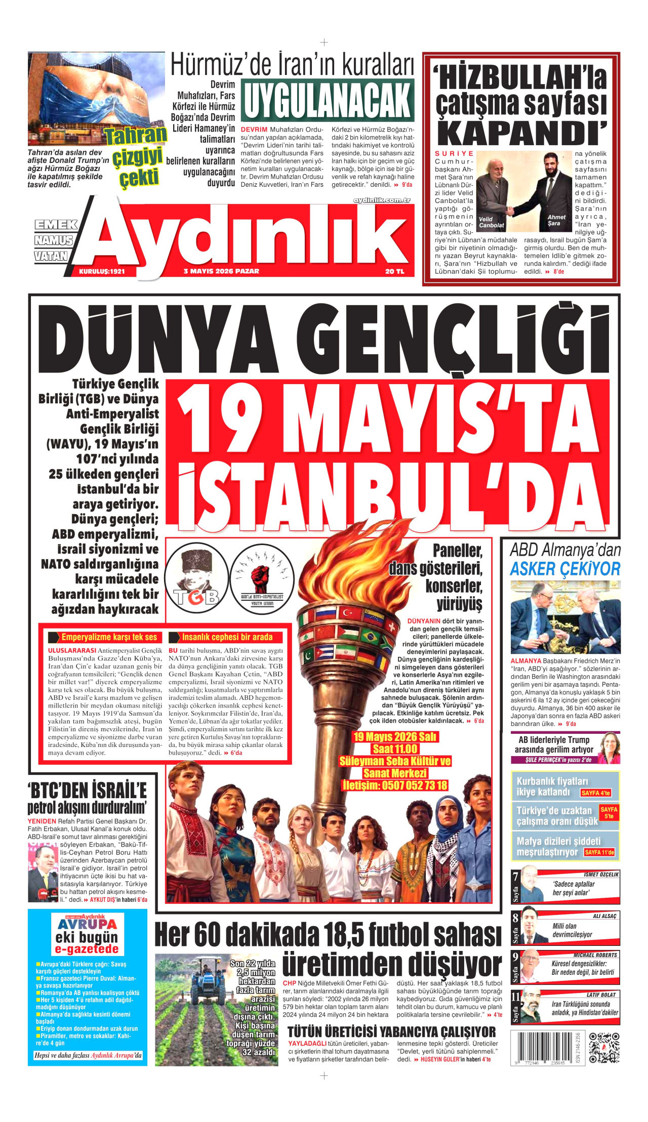 AYDINLIK GAZETESİ gazetesinin 3 Mayıs 2026 tarihli birinci sayfası