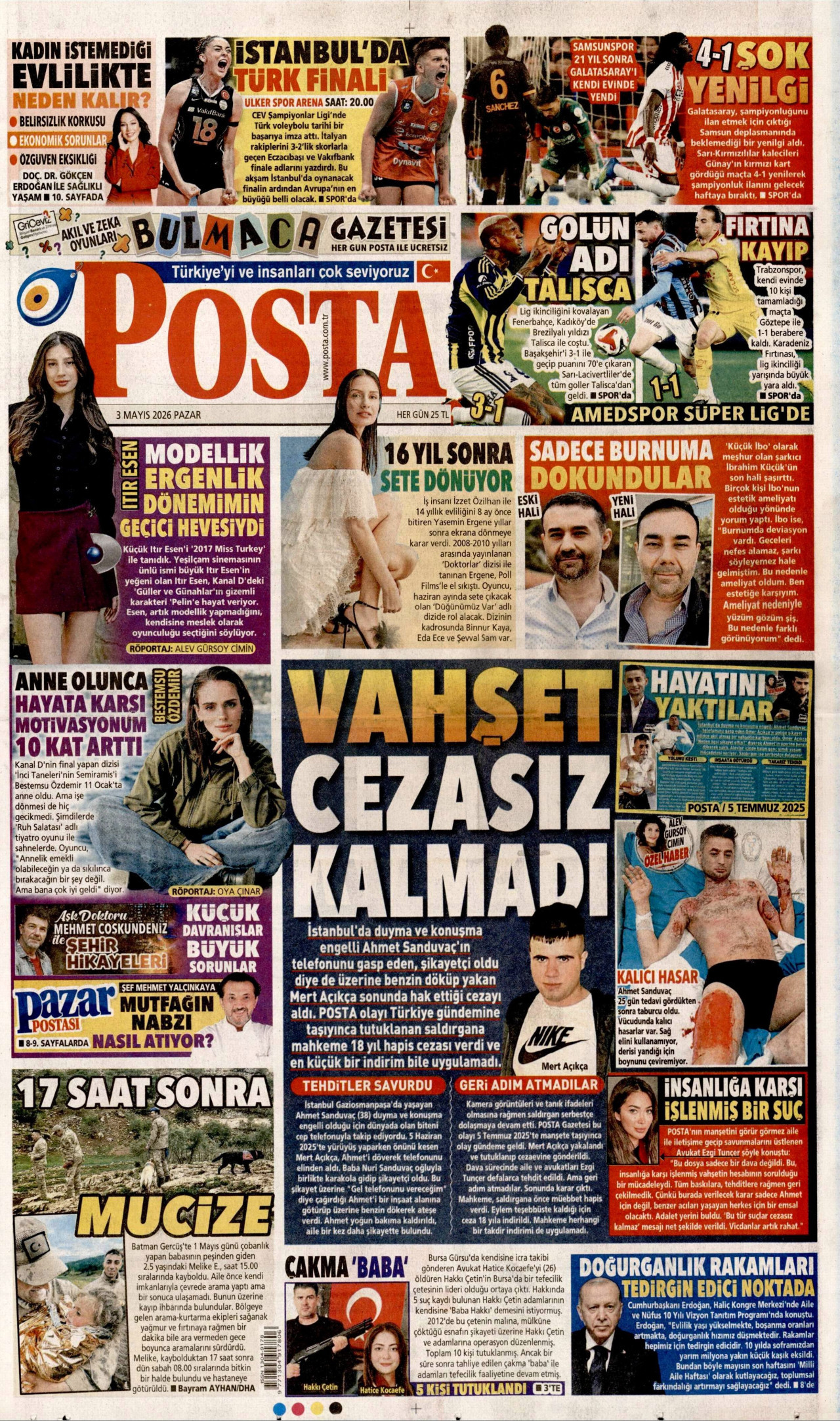 POSTA gazetesinin 3 Mayıs 2026 tarihli birinci sayfası