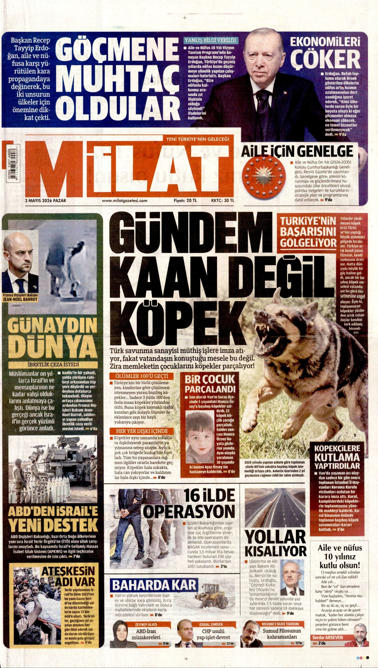 MİLAT gazetesinin 3 Mayıs 2026 tarihli birinci sayfası