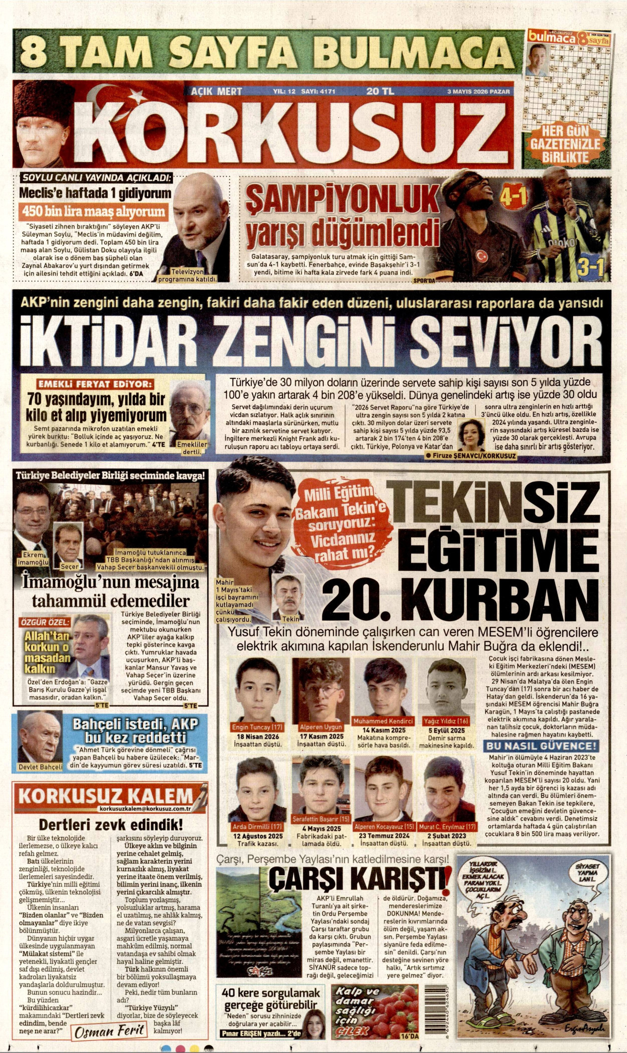 KORKUSUZ gazetesinin 3 Mayıs 2026 tarihli birinci sayfası