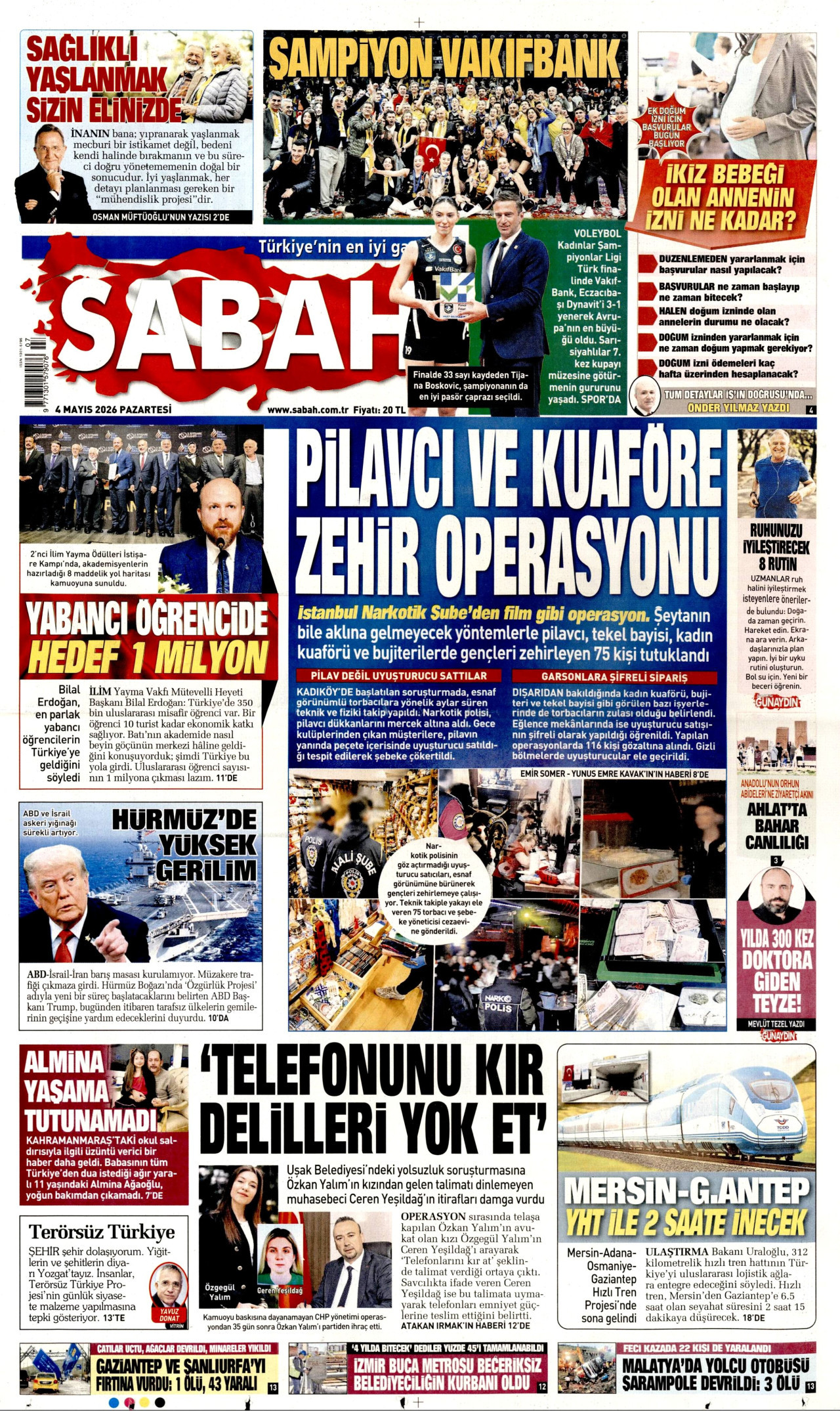 SABAH gazetesinin 4 Mayıs 2026 tarihli birinci sayfası