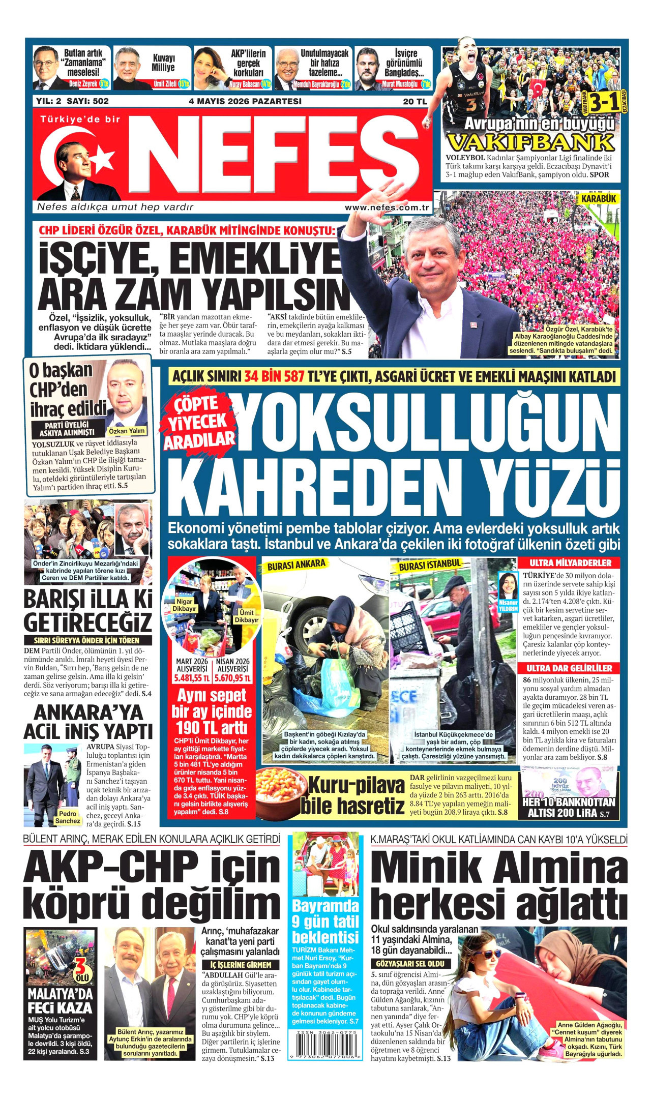 NEFES gazetesinin 4 Mayıs 2026 tarihli birinci sayfası