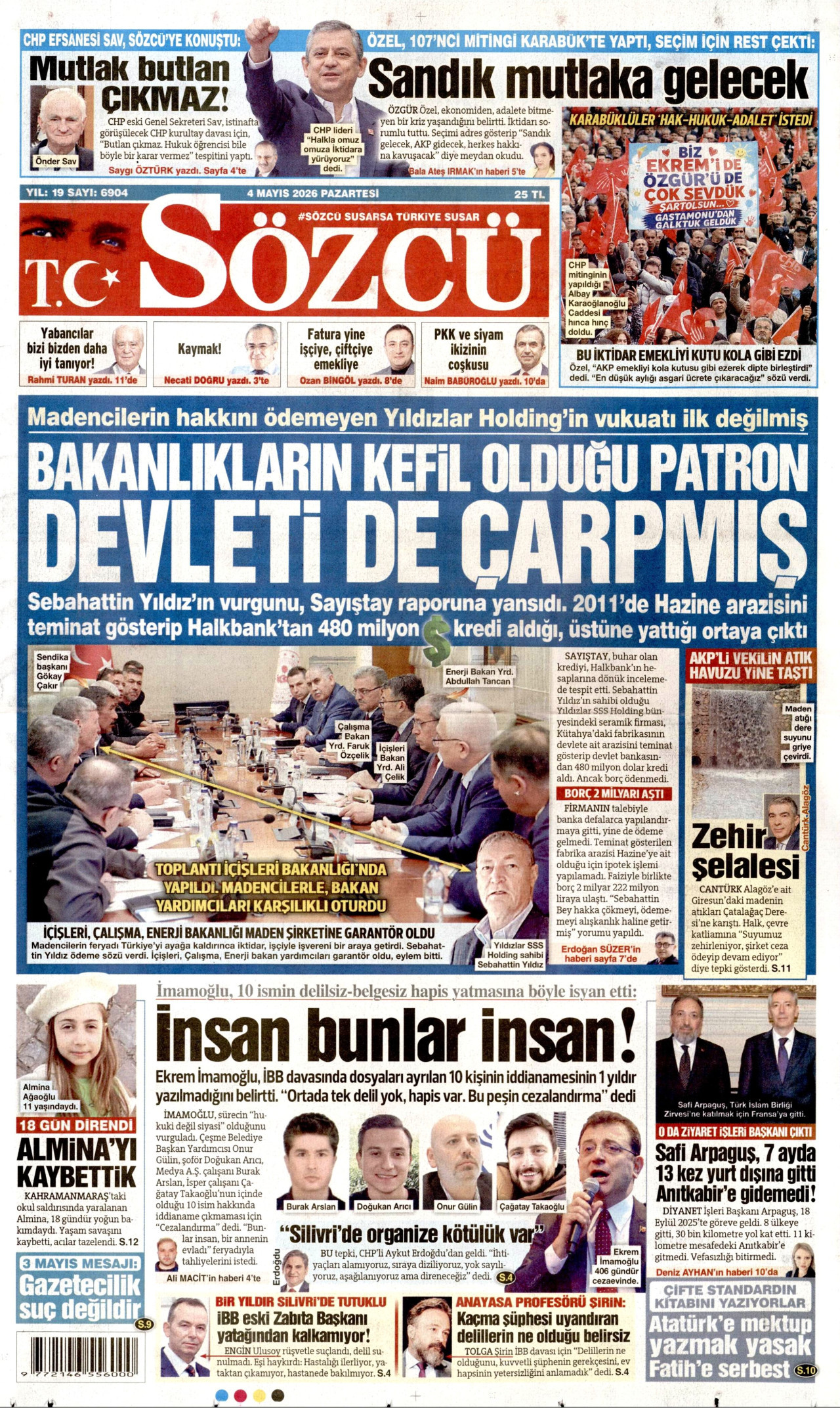 SÖZCÜ gazetesinin 4 Mayıs 2026 tarihli birinci sayfası