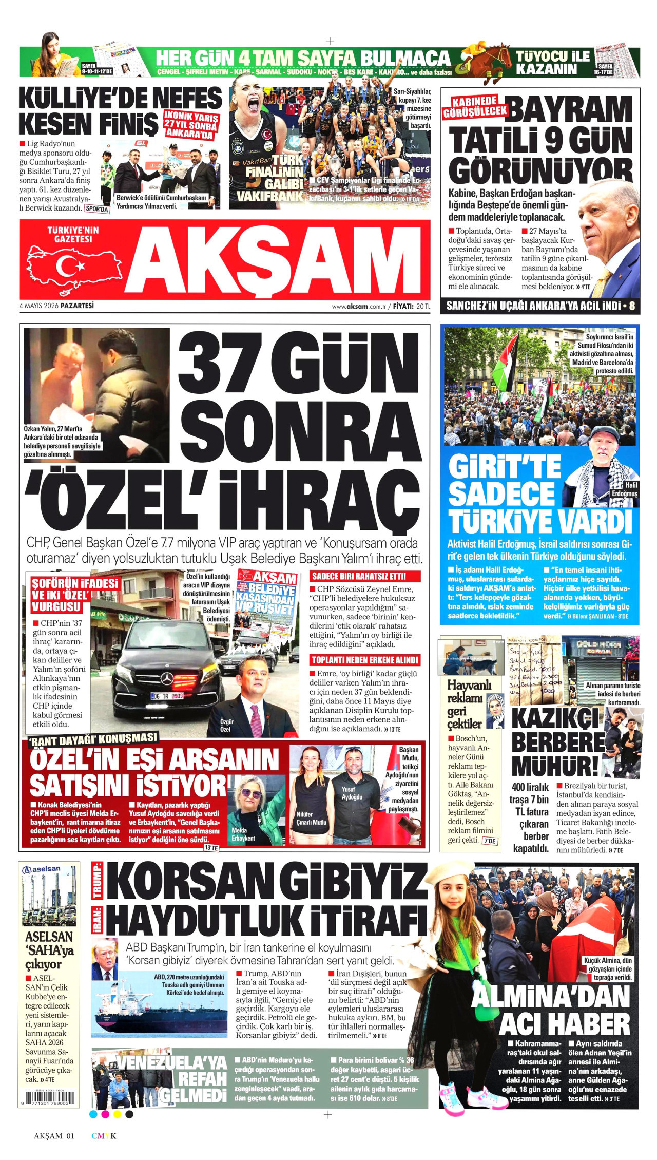 AKŞAM gazetesinin 4 Mayıs 2026 tarihli birinci sayfası