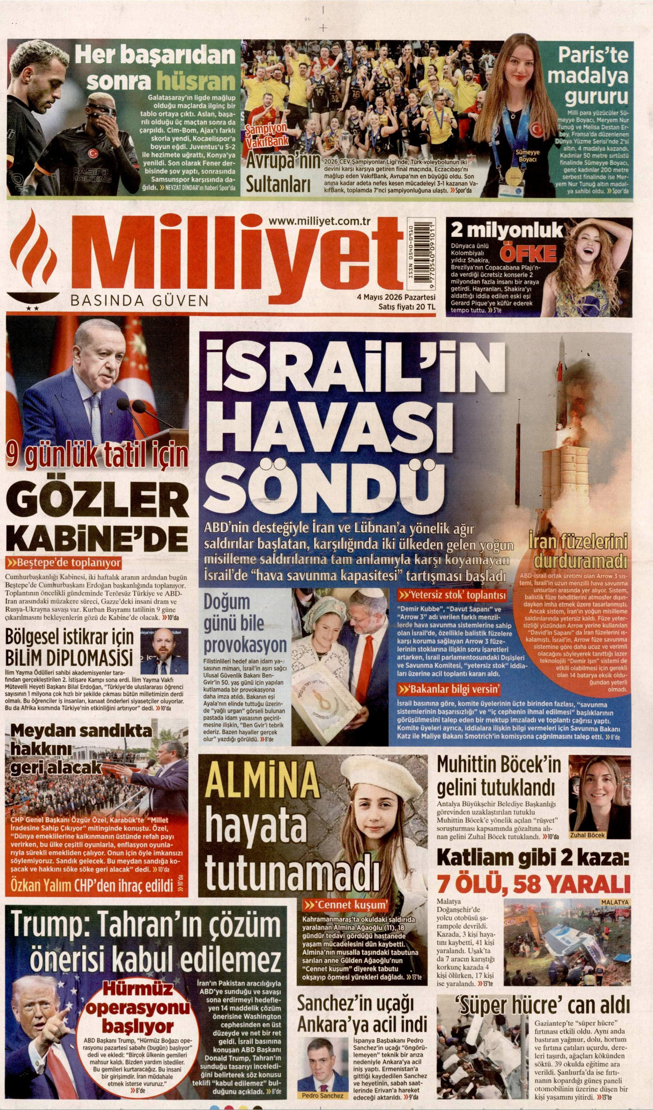 MİLLİYET gazetesinin 4 Mayıs 2026 tarihli birinci sayfası