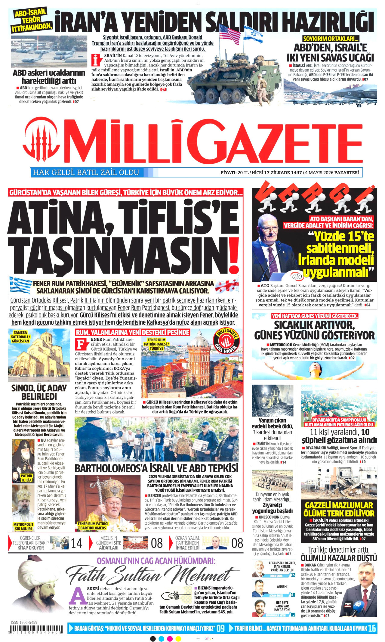 MİLLİ GAZETE gazetesinin 4 Mayıs 2026 tarihli birinci sayfası