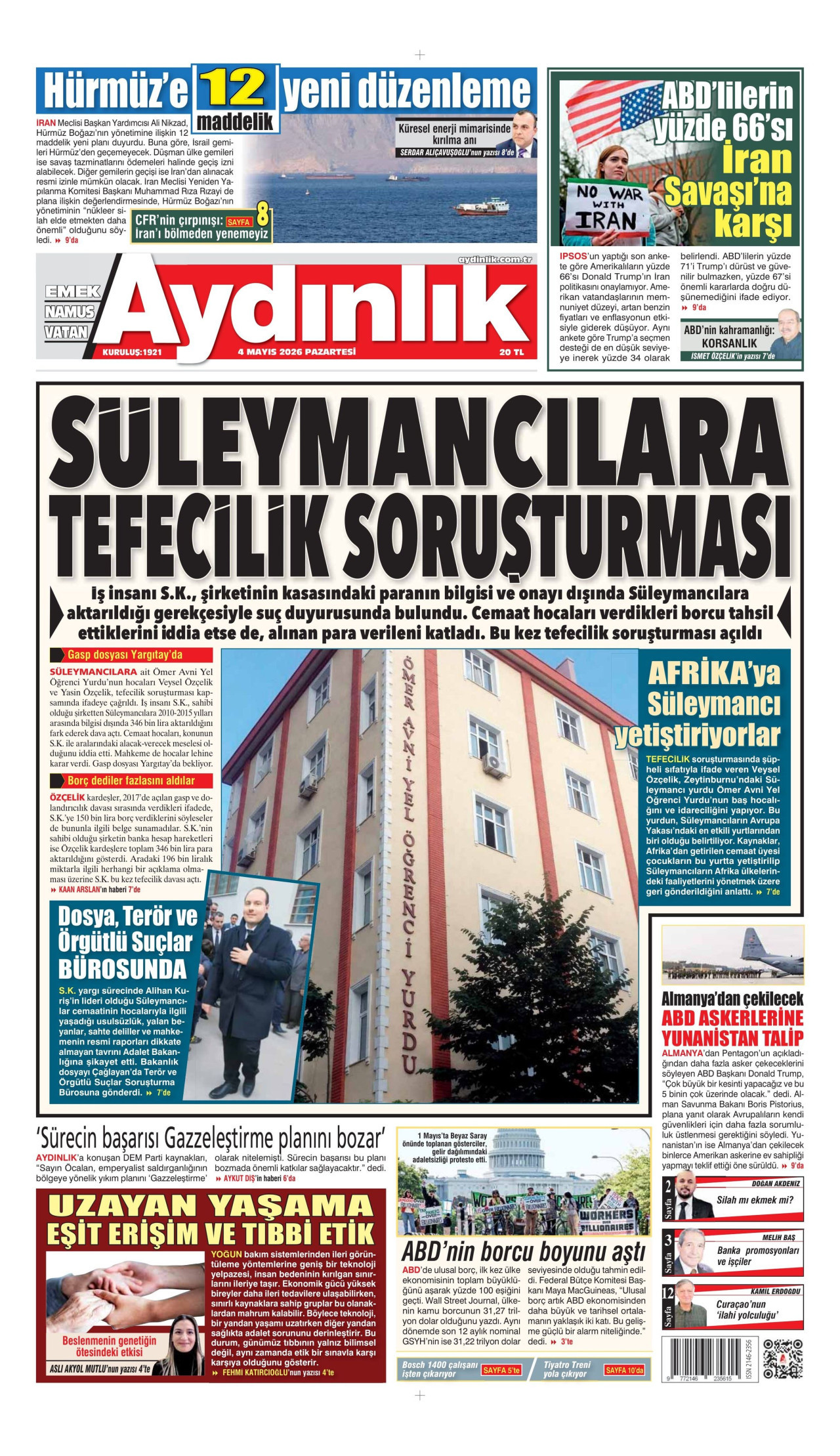 AYDINLIK GAZETESİ gazetesinin 4 Mayıs 2026 tarihli birinci sayfası