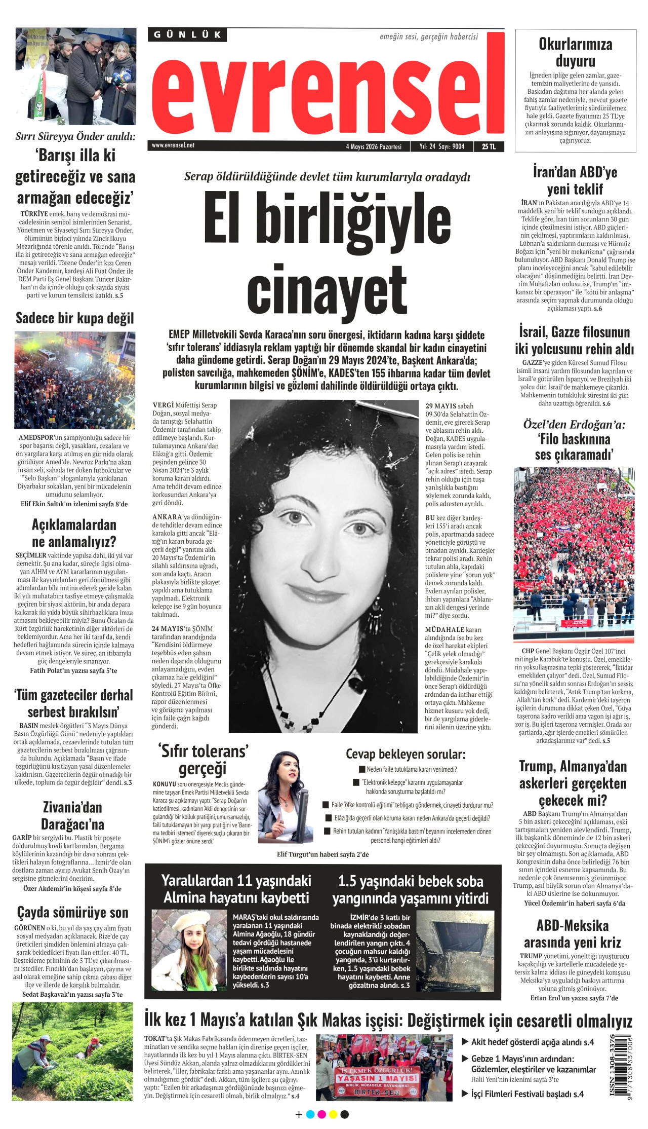 EVRENSEL gazetesinin 4 Mayıs 2026 tarihli birinci sayfası