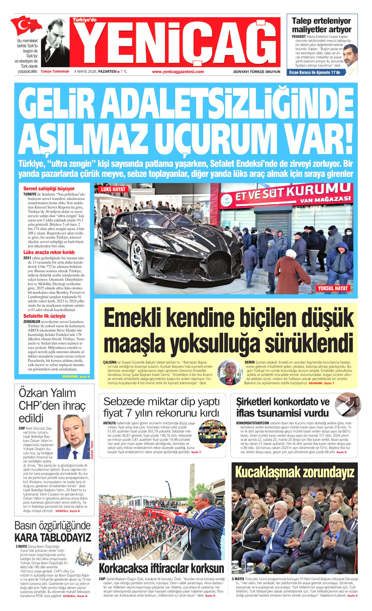 YENİÇAĞ gazetesinin 4 Mayıs 2026 tarihli birinci sayfası