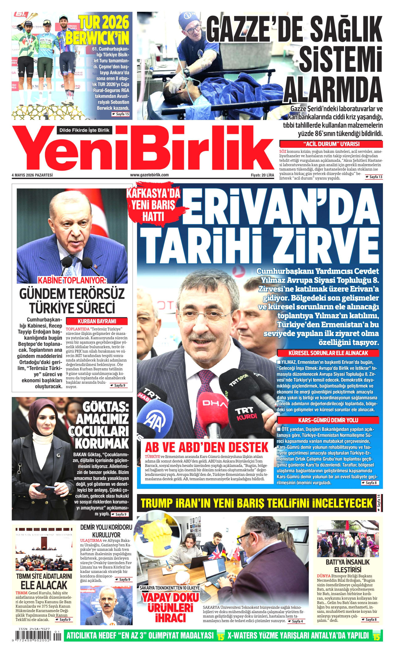 YENİBİRLİK gazetesinin 4 Mayıs 2026 tarihli birinci sayfası