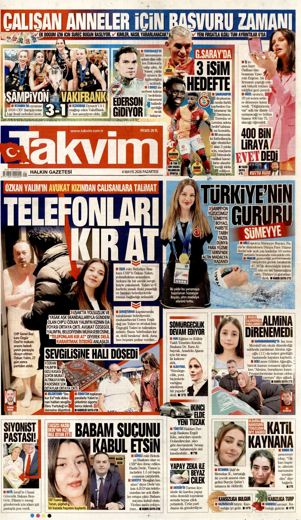 TAKVİM gazetesinin 4 Mayıs 2026 tarihli birinci sayfası