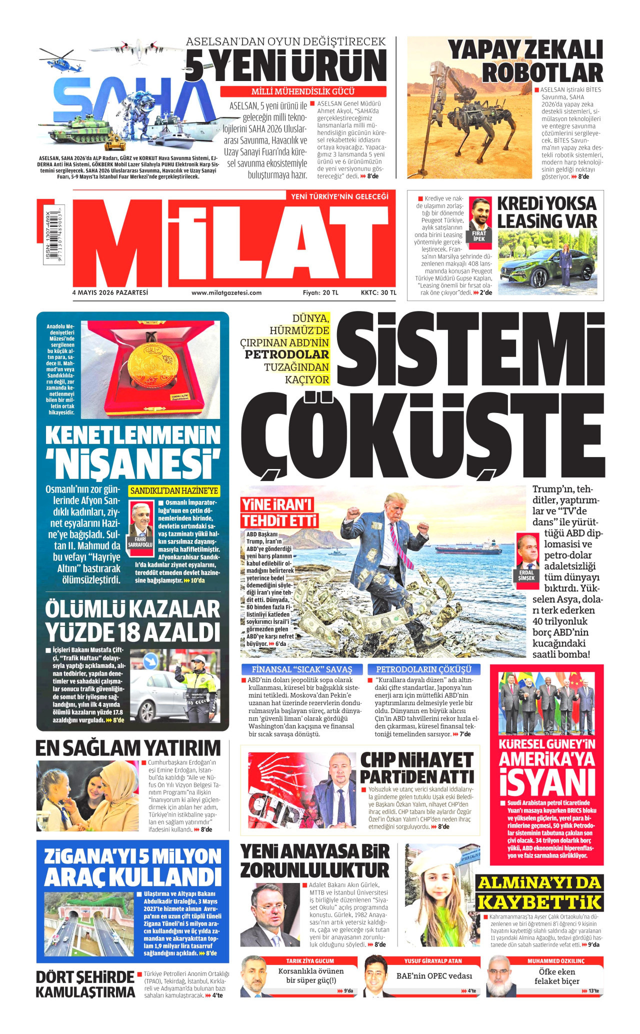 MİLAT gazetesinin 4 Mayıs 2026 tarihli birinci sayfası