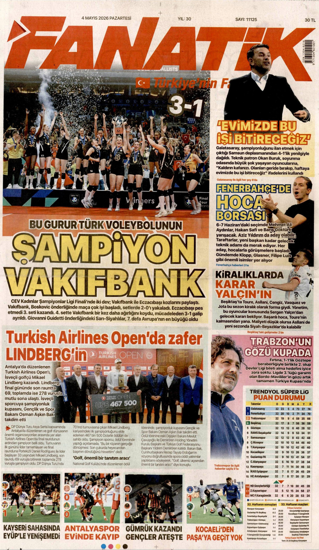 FANATİK gazetesinin 4 Mayıs 2026 tarihli birinci sayfası