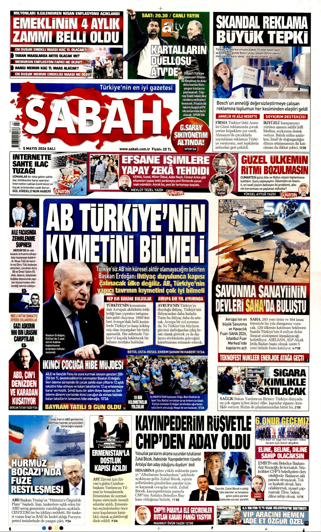 SABAH gazetesinin 5 Mayıs 2026 tarihli birinci sayfası