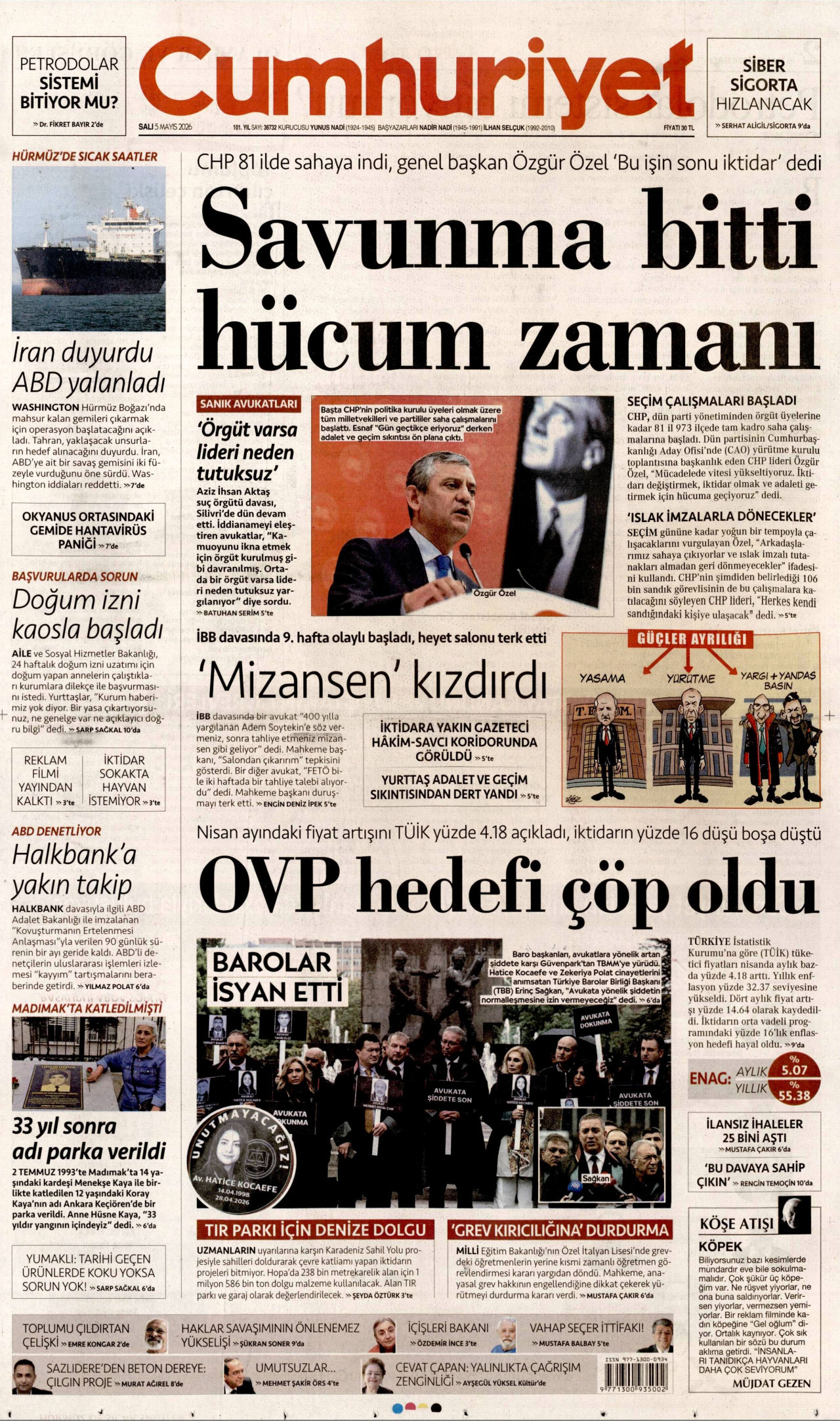 CUMHURİYET gazetesinin 5 Mayıs 2026 tarihli birinci sayfası
