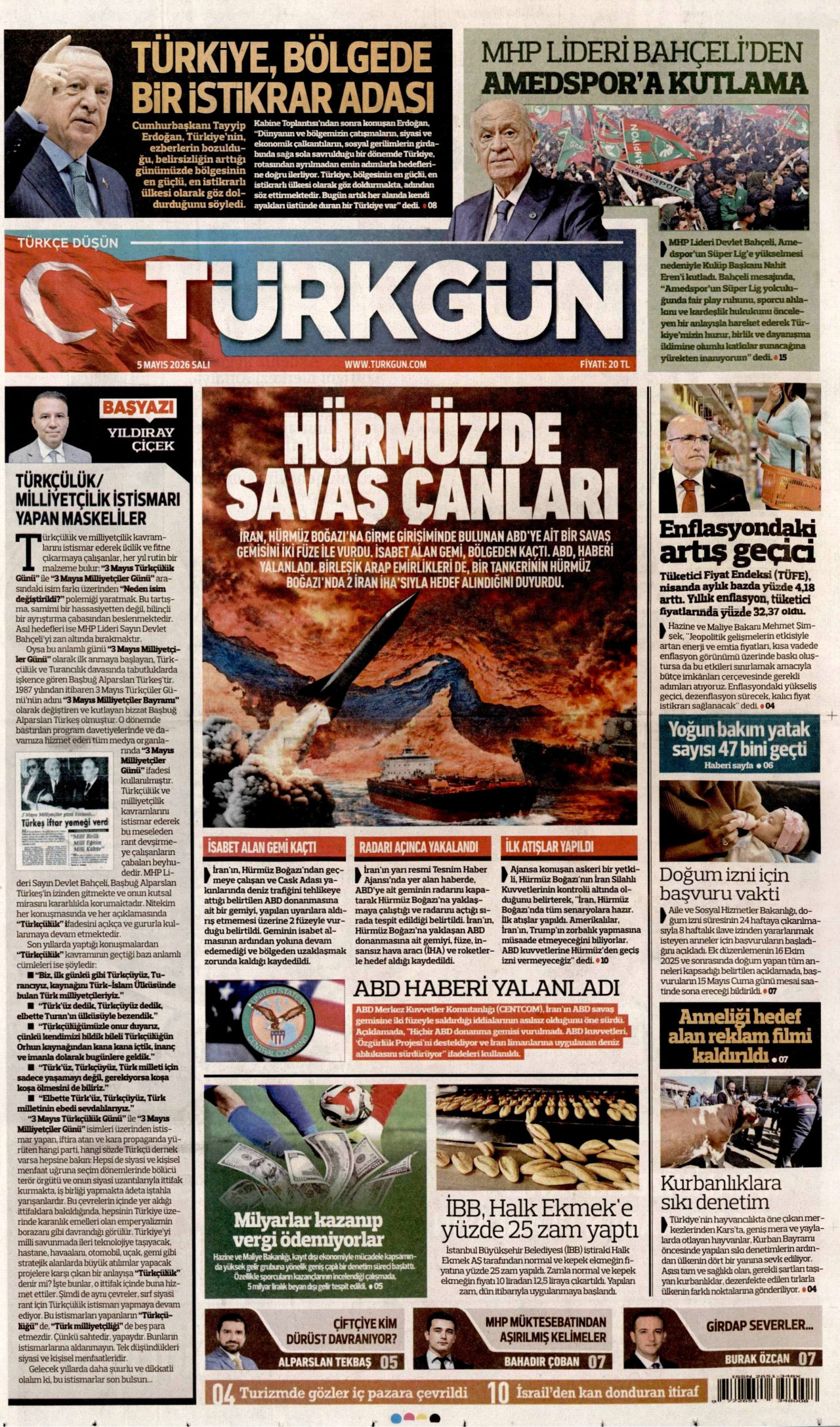 TÜRKGÜN gazetesinin 5 Mayıs 2026 tarihli birinci sayfası